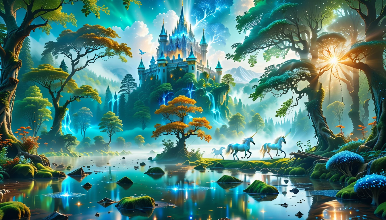 A Masterpiece In 32K Resolution, Supreme Quality, Super Detail, Official Art, Very High-Resolution 32K Wallpaper, Beautiful And Aesthetic, Ultra-Detailed Features, Awe-Inspiring Detail. Massive Trees Tower Over A Misty Enchanted Forest, Their Roots Tangled With Glowing Blue Fungi. Crystal Clear Rivers Flow Through Lush, Emerald Green Fields. A Glittering Elven Palace Stands Amidst The Canopy, Its Towers Reflecting The Sunlight, Creating A Magical Aura. A Majestic Mystical White Unicorn With A Shimmering Coat Gallops Gracefully Through A Dense, Ancient Forest. Its Flowing Mane Glows Softly, Radiating Beams Of Ethereal Light, Casting A Magical Glow On The Surroundings.