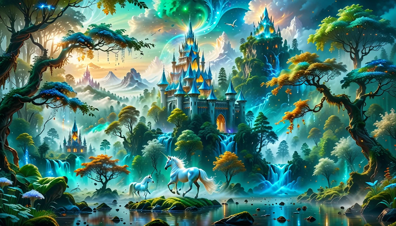 A Masterpiece In 32K Resolution, Supreme Quality, Super Detail, Official Art, Very High-Resolution 32K Wallpaper, Beautiful And Aesthetic, Ultra-Detailed Features, Awe-Inspiring Detail. Massive Trees Tower Over A Misty Enchanted Forest, Their Roots Tangled With Glowing Blue Fungi. Crystal Clear Rivers Flow Through Lush, Emerald Green Fields. A Glittering Elven Palace Stands Amidst The Canopy, Its Towers Reflecting The Sunlight, Creating A Magical Aura. A Majestic Mystical White Unicorn With A Shimmering Coat Gallops Gracefully Through A Dense, Ancient Forest. Its Flowing Mane Glows Softly, Radiating Beams Of Ethereal Light, Casting A Magical Glow On The Surroundings.