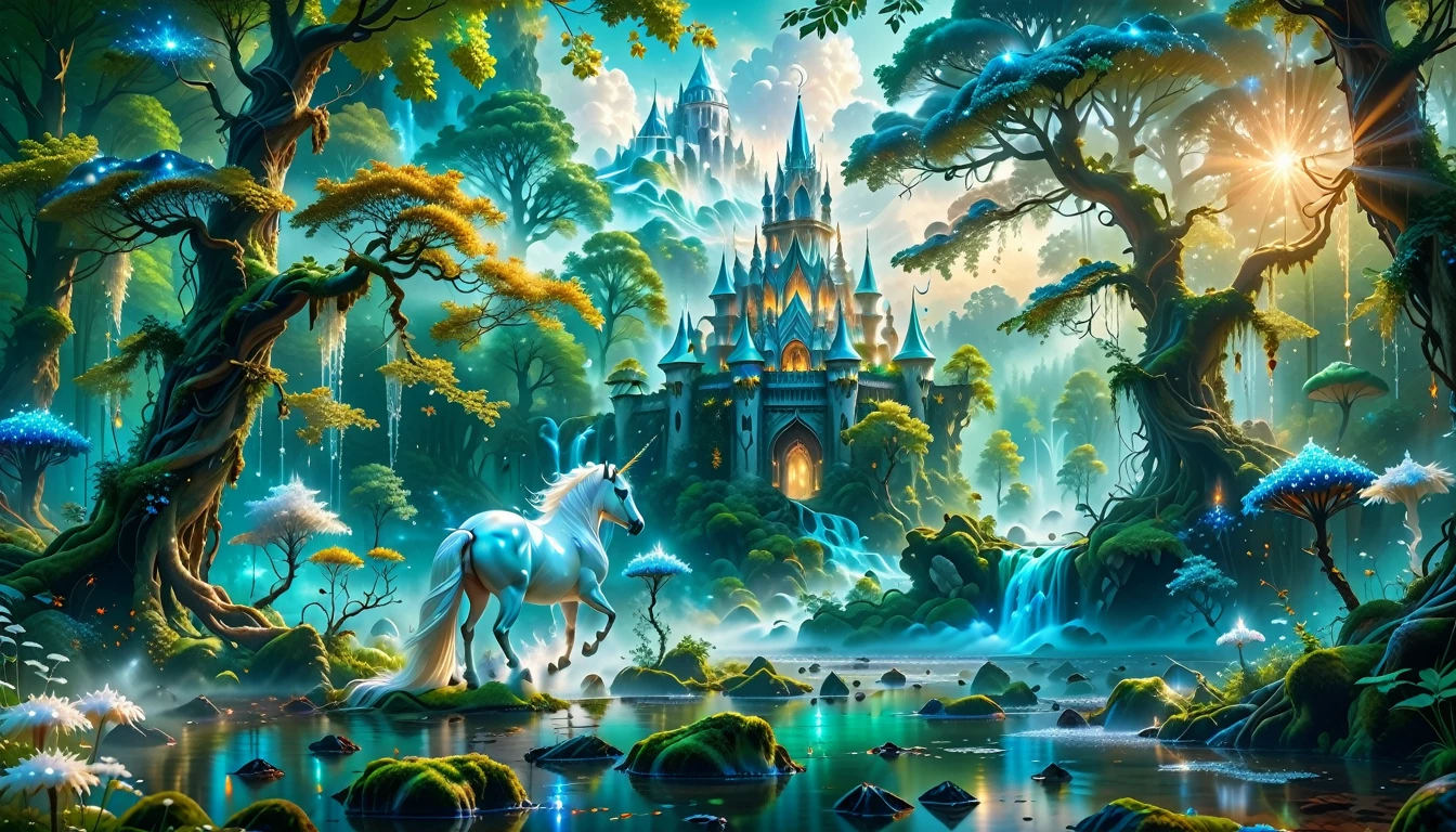 A Masterpiece In 32K Resolution, Supreme Quality, Super Detail, Official Art, Very High-Resolution 32K Wallpaper, Beautiful And Aesthetic, Ultra-Detailed Features, Awe-Inspiring Detail. Massive Trees Tower Over A Misty Enchanted Forest, Their Roots Tangled With Glowing Blue Fungi. Crystal Clear Rivers Flow Through Lush, Emerald Green Fields. A Glittering Elven Palace Stands Amidst The Canopy, Its Towers Reflecting The Sunlight, Creating A Magical Aura. A Majestic Mystical White Unicorn With A Shimmering Coat Gallops Gracefully Through A Dense, Ancient Forest. Its Flowing Mane Glows Softly, Radiating Beams Of Ethereal Light, Casting A Magical Glow On The Surroundings.