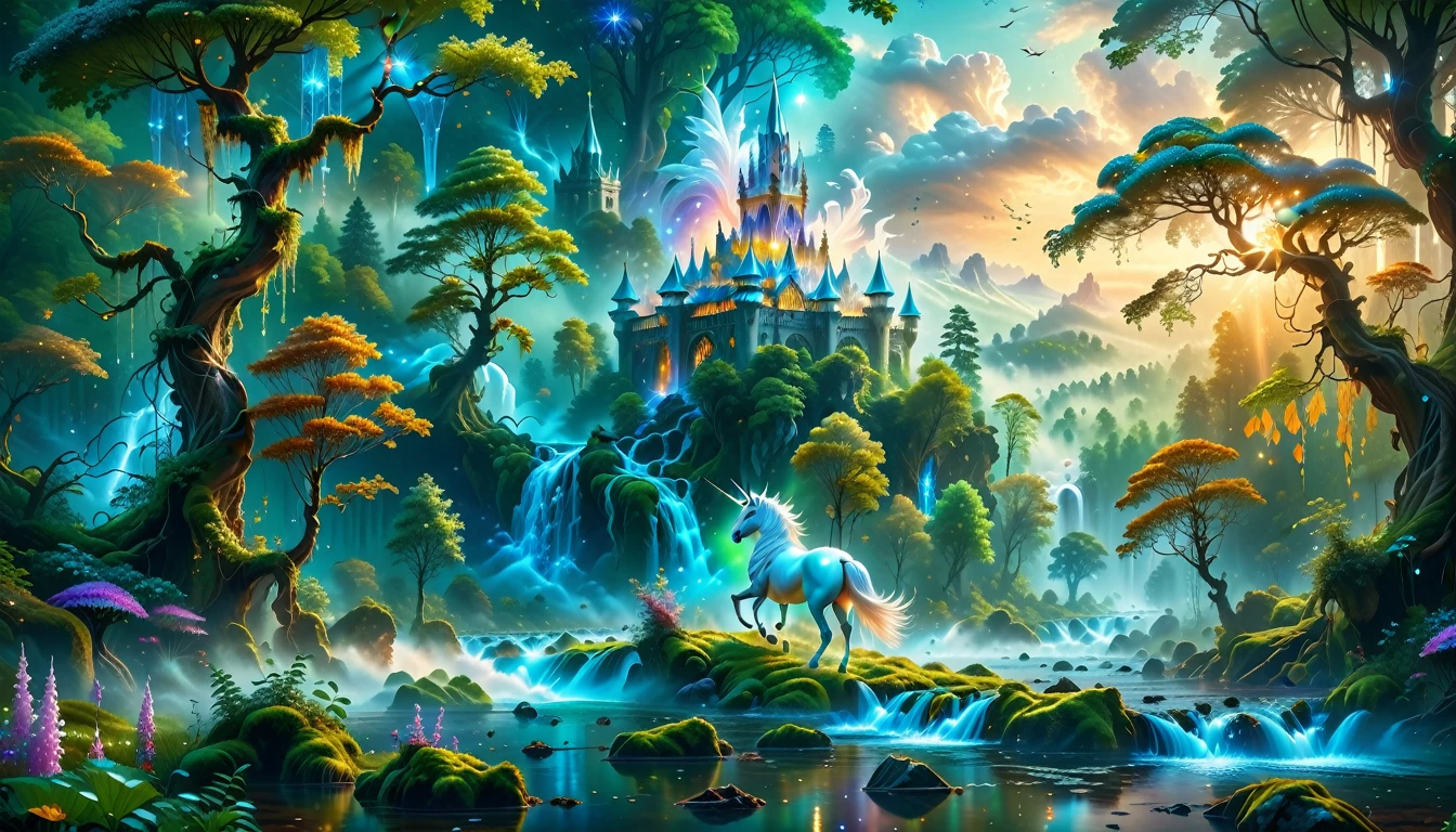 A Masterpiece In 32K Resolution, Supreme Quality, Super Detail, Official Art, Very High-Resolution 32K Wallpaper, Beautiful And Aesthetic, Ultra-Detailed Features, Awe-Inspiring Detail. Massive Trees Tower Over A Misty Enchanted Forest, Their Roots Tangled With Glowing Blue Fungi. Crystal Clear Rivers Flow Through Lush, Emerald Green Fields. A Glittering Elven Palace Stands Amidst The Canopy, Its Towers Reflecting The Sunlight, Creating A Magical Aura. A Majestic Mystical White Unicorn With A Shimmering Coat Gallops Gracefully Through A Dense, Ancient Forest. Its Flowing Mane Glows Softly, Radiating Beams Of Ethereal Light, Casting A Magical Glow On The Surroundings.