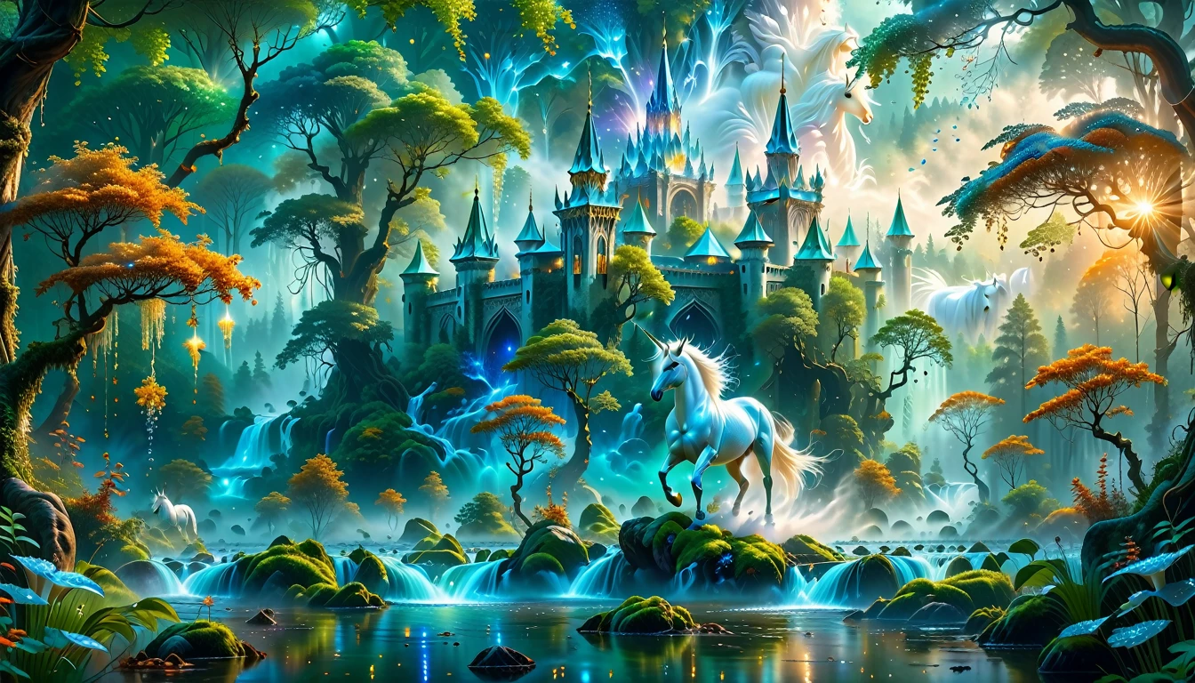 A Masterpiece In 32K Resolution, Supreme Quality, Super Detail, Official Art, Very High-Resolution 32K Wallpaper, Beautiful And Aesthetic, Ultra-Detailed Features, Awe-Inspiring Detail. Massive Trees Tower Over A Misty Enchanted Forest, Their Roots Tangled With Glowing Blue Fungi. Crystal Clear Rivers Flow Through Lush, Emerald Green Fields. A Glittering Elven Palace Stands Amidst The Canopy, Its Towers Reflecting The Sunlight, Creating A Magical Aura. A Majestic Mystical White Unicorn With A Shimmering Coat Gallops Gracefully Through A Dense, Ancient Forest. Its Flowing Mane Glows Softly, Radiating Beams Of Ethereal Light, Casting A Magical Glow On The Surroundings.