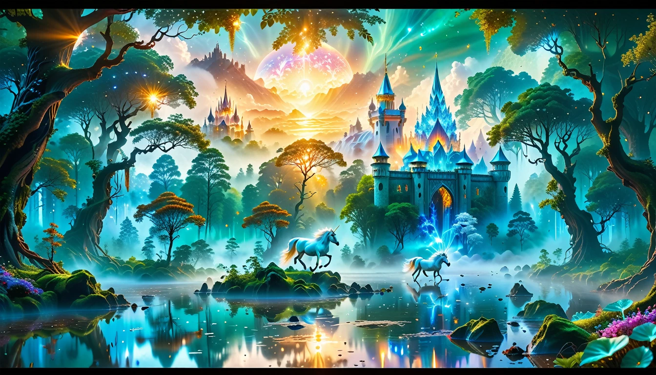 A Masterpiece In 32K Resolution, Supreme Quality, Super Detail, Official Art, Very High-Resolution 32K Wallpaper, Beautiful And Aesthetic, Ultra-Detailed Features, Awe-Inspiring Detail. Massive Trees Tower Over A Misty Enchanted Forest, Their Roots Tangled With Glowing Blue Fungi. Crystal Clear Rivers Flow Through Lush, Emerald Green Fields. A Glittering Elven Palace Stands Amidst The Canopy, Its Towers Reflecting The Sunlight, Creating A Magical Aura. A Majestic Mystical White Unicorn With A Shimmering Coat Gallops Gracefully Through A Dense, Ancient Forest. Its Flowing Mane Glows Softly, Radiating Beams Of Ethereal Light, Casting A Magical Glow On The Surroundings.