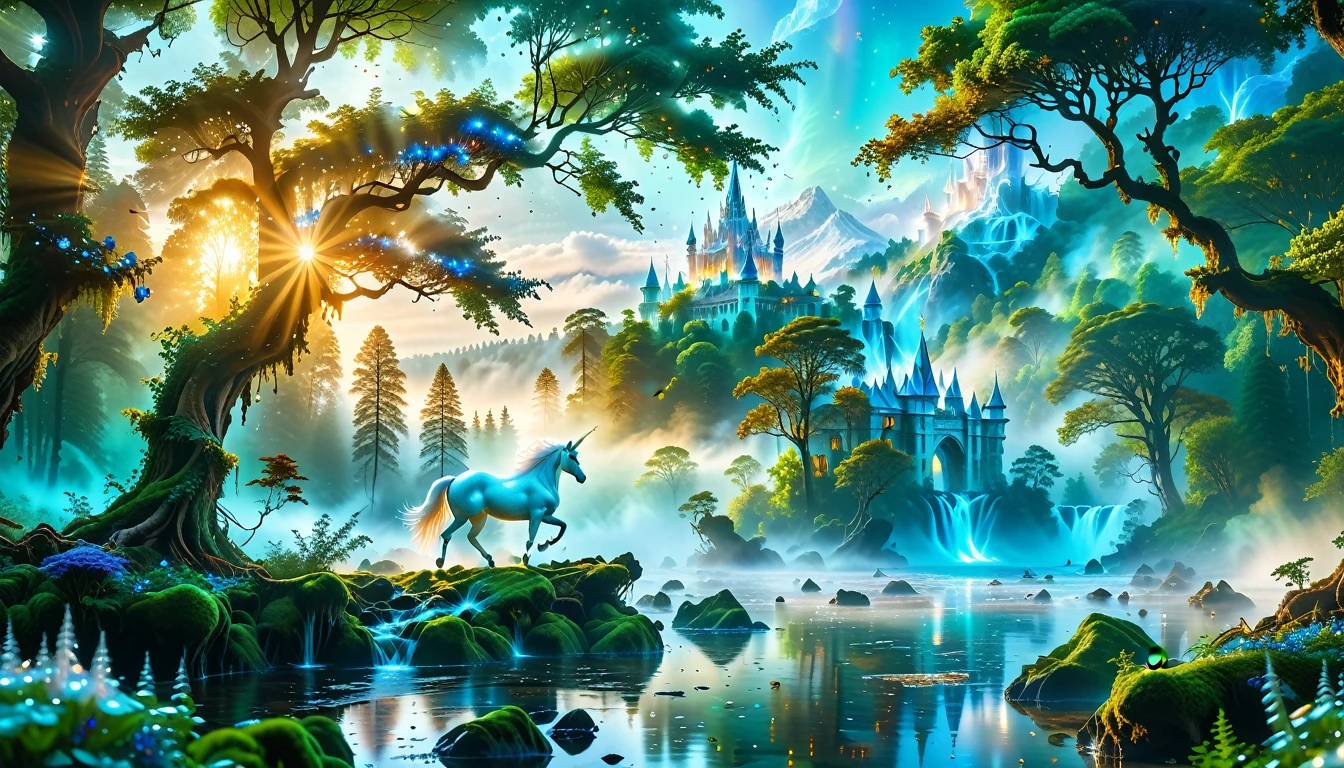 A Masterpiece In 32K Resolution, Supreme Quality, Super Detail, Official Art, Very High-Resolution 32K Wallpaper, Beautiful And Aesthetic, Ultra-Detailed Features, Awe-Inspiring Detail. Massive Trees Tower Over A Misty Enchanted Forest, Their Roots Tangled With Glowing Blue Fungi. Crystal Clear Rivers Flow Through Lush, Emerald Green Fields. A Glittering Elven Palace Stands Amidst The Canopy, Its Towers Reflecting The Sunlight, Creating A Magical Aura. A Majestic Mystical White Unicorn With A Shimmering Coat Gallops Gracefully Through A Dense, Ancient Forest. Its Flowing Mane Glows Softly, Radiating Beams Of Ethereal Light, Casting A Magical Glow On The Surroundings.