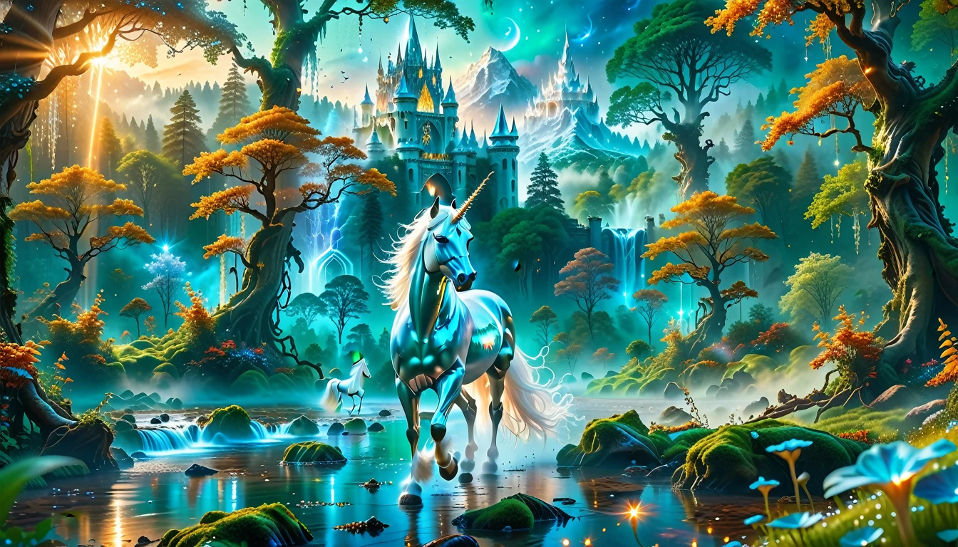 A Masterpiece In 32K Resolution, Supreme Quality, Super Detail, Official Art, Very High-Resolution 32K Wallpaper, Beautiful And Aesthetic, Ultra-Detailed Features, Awe-Inspiring Detail. Massive Trees Tower Over A Misty Enchanted Forest, Their Roots Tangled With Glowing Blue Fungi. Crystal Clear Rivers Flow Through Lush, Emerald Green Fields. A Glittering Elven Palace Stands Amidst The Canopy, Its Towers Reflecting The Sunlight, Creating A Magical Aura. A Majestic Mystical White Unicorn With A Shimmering Coat Gallops Gracefully Through A Dense, Ancient Forest. Its Flowing Mane Glows Softly, Radiating Beams Of Ethereal Light, Casting A Magical Glow On The Surroundings.