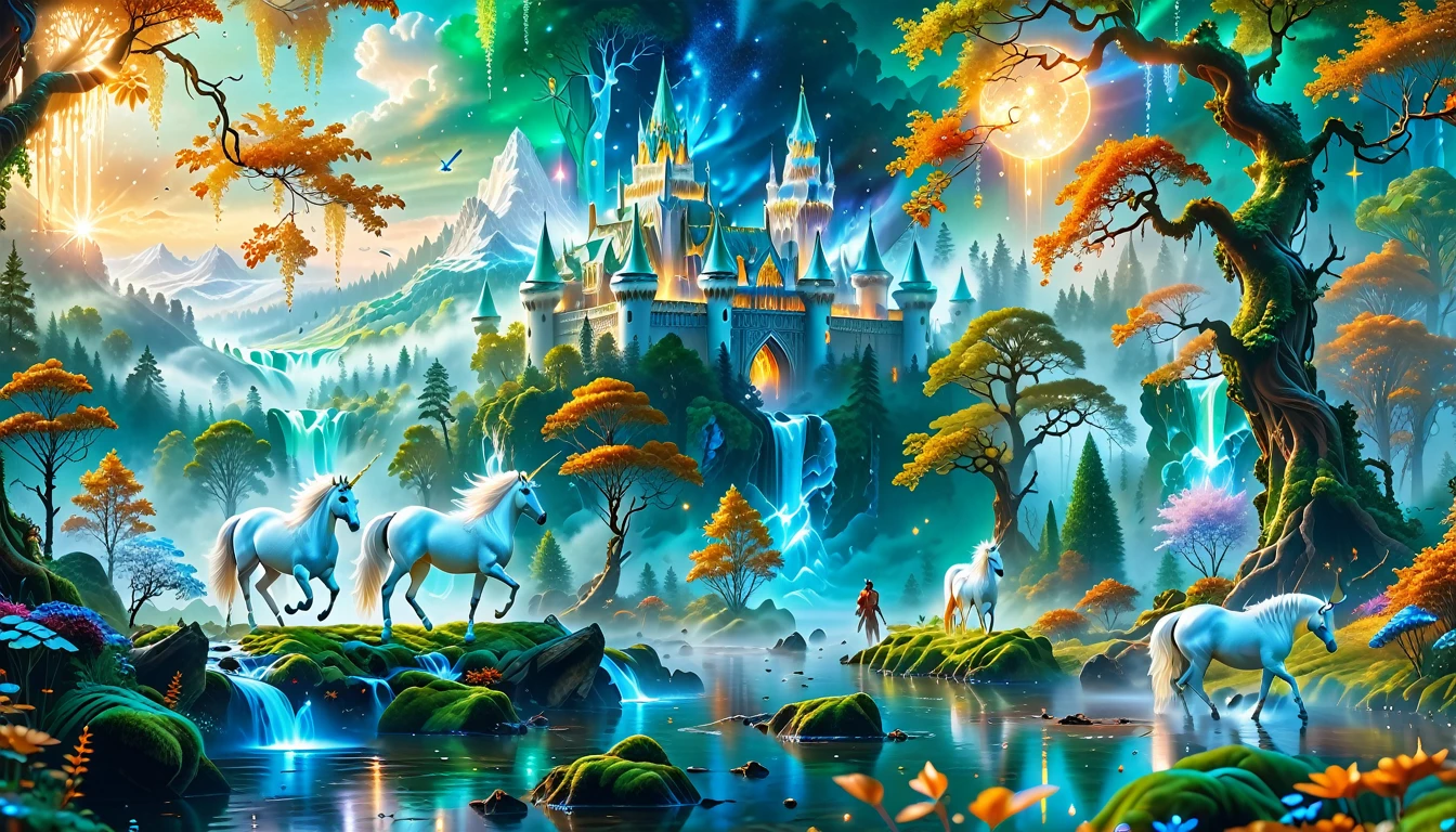 A Masterpiece In 32K Resolution, Supreme Quality, Super Detail, Official Art, Very High-Resolution 32K Wallpaper, Beautiful And Aesthetic, Ultra-Detailed Features, Awe-Inspiring Detail. Massive Trees Tower Over A Misty Enchanted Forest, Their Roots Tangled With Glowing Blue Fungi. Crystal Clear Rivers Flow Through Lush, Emerald Green Fields. A Glittering Elven Palace Stands Amidst The Canopy, Its Towers Reflecting The Sunlight, Creating A Magical Aura. A Majestic Mystical White Unicorn With A Shimmering Coat Gallops Gracefully Through A Dense, Ancient Forest. Its Flowing Mane Glows Softly, Radiating Beams Of Ethereal Light, Casting A Magical Glow On The Surroundings.