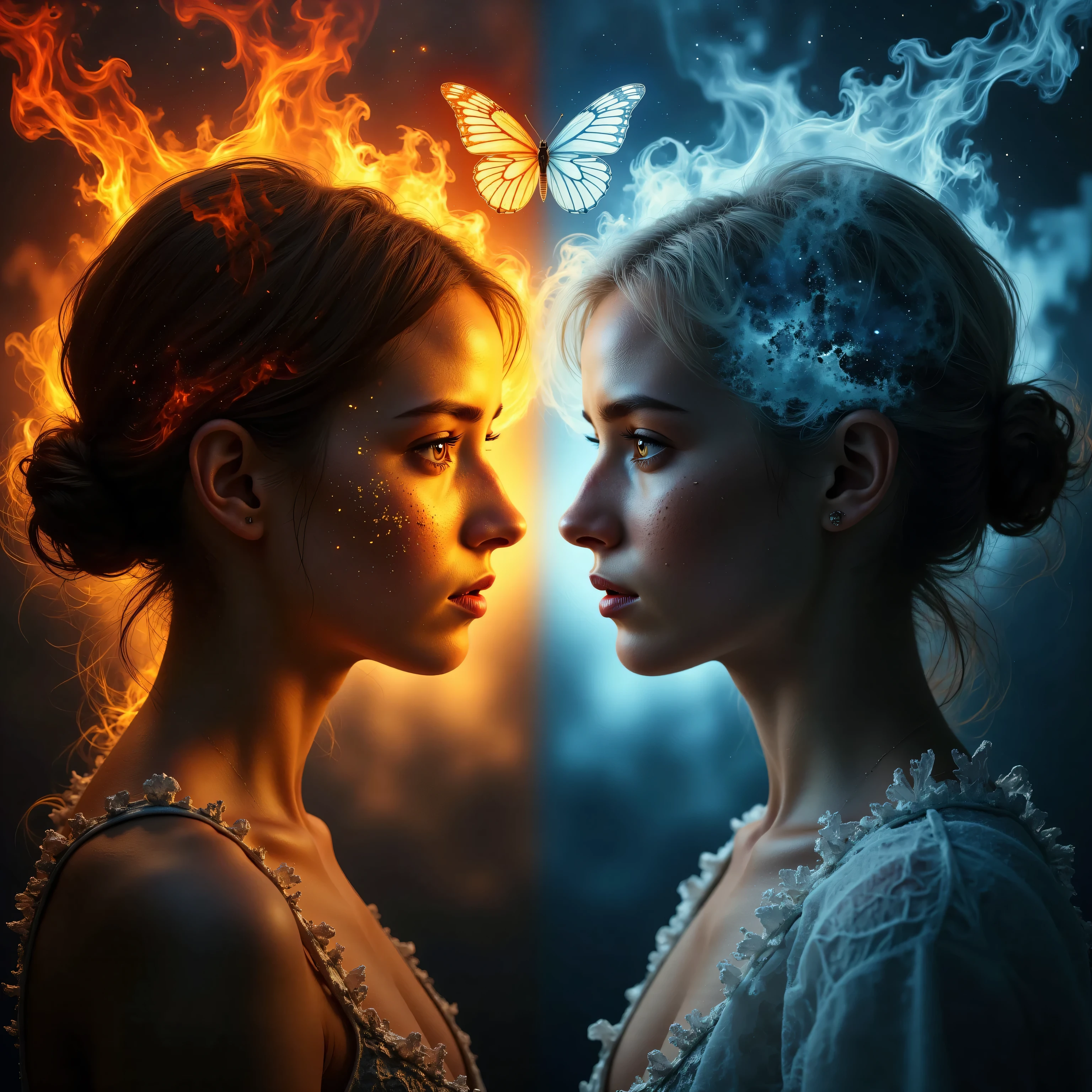 his ultra-detailed masterpiece in 16K resolution captures a powerful contrast between two twin figures, their faces inches apart, facing each other with intense focus. One embodies fire, with glowing orange and red flames swirling across her skin, her fiery eyes blazing. Her hair flickers like embers, and her cracked skin suggests molten lava beneath the surface. The air around her shimmers with heat, casting a fiery glow.

Opposite her, the other twin embodies ice, her frost-covered skin pale and bluish, radiating a biting cold. Her left eye glows with a frozen blue light, and icy breath mists from her lips. Her hair is white and stiff with frost, while delicate ice crystals form on her face. The cold aura around her intensifies the chilling atmosphere.

In the center, a butterfly hovers, its wings split between fire and ice. One half glows with fiery reds and oranges, while the other is covered in frost, shimmering with a cold blue light. The butterfly serves as a symbolic bridge between the twins, caught between their clashing elemental forces.

The composition places the butterfly at the heart of the image, surrounded by the fiery glow and icy frost of the twins. The cinematic still shot captures the tension between fire and ice, as the twins' glowing eyes reflect their inner struggle. This ultra-high-definition image captures every detail, from the flames licking the fire twin’s skin to the frost forming on the ice twin’s face, creating a striking visual of opposing forces in delicate balance.