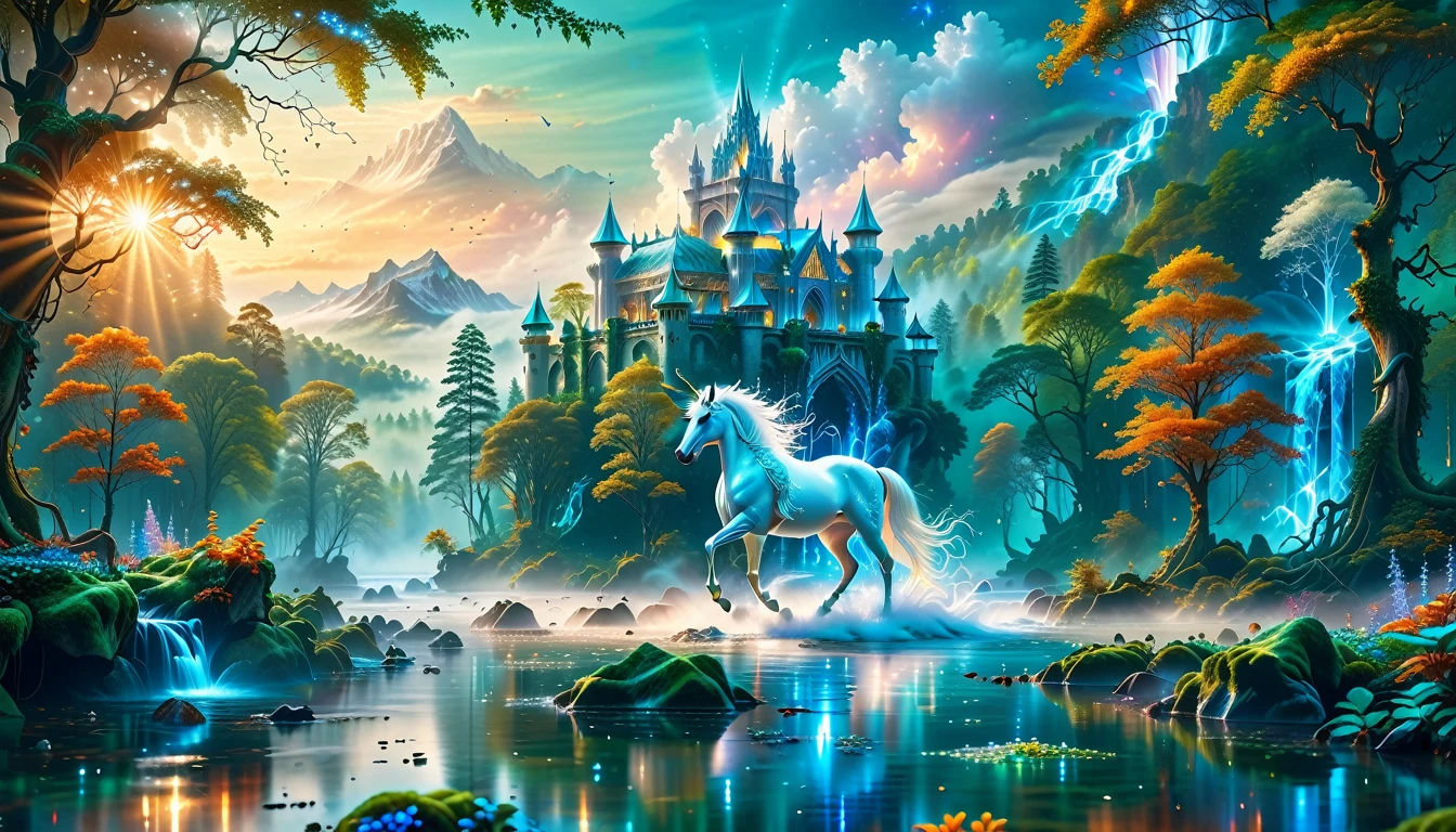 A Masterpiece In 32K Resolution, Supreme Quality, Super Detail, Official Art, Very High-Resolution 32K Wallpaper, Beautiful And Aesthetic, Ultra-Detailed Features, Awe-Inspiring Detail. Massive Trees Tower Over A Misty Enchanted Forest, Their Roots Tangled With Glowing Blue Fungi. Crystal Clear Rivers Flow Through Lush, Emerald Green Fields. A Glittering Elven Palace Stands Amidst The Canopy, Its Towers Reflecting The Sunlight, Creating A Magical Aura. A Majestic Mystical White Unicorn With A Shimmering Coat Gallops Gracefully Through A Dense, Ancient Forest. Its Flowing Mane Glows Softly, Radiating Beams Of Ethereal Light, Casting A Magical Glow On The Surroundings.