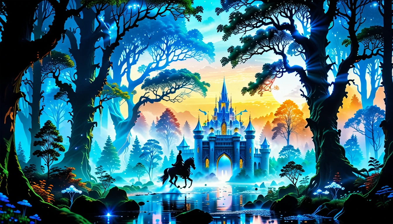 A Masterpiece In 32K Resolution, Supreme Quality, Super Detail, Official Art, Very High-Resolution 32K Wallpaper, Beautiful And Aesthetic, Ultra-Detailed Features, Awe-Inspiring Detail. Massive Trees Tower Over A Misty Enchanted Forest, Their Roots Tangled With Glowing Blue Fungi. Crystal Clear Rivers Flow Through Lush, Emerald Green Fields. A Glittering Elven Palace Stands Amidst The Canopy, Its Towers Reflecting The Sunlight, Creating A Magical Aura. A Majestic Mystical White Unicorn With A Shimmering Coat Gallops Gracefully Through A Dense, Ancient Forest. Its Flowing Mane Glows Softly, Radiating Beams Of Ethereal Light, Casting A Magical Glow On The Surroundings.