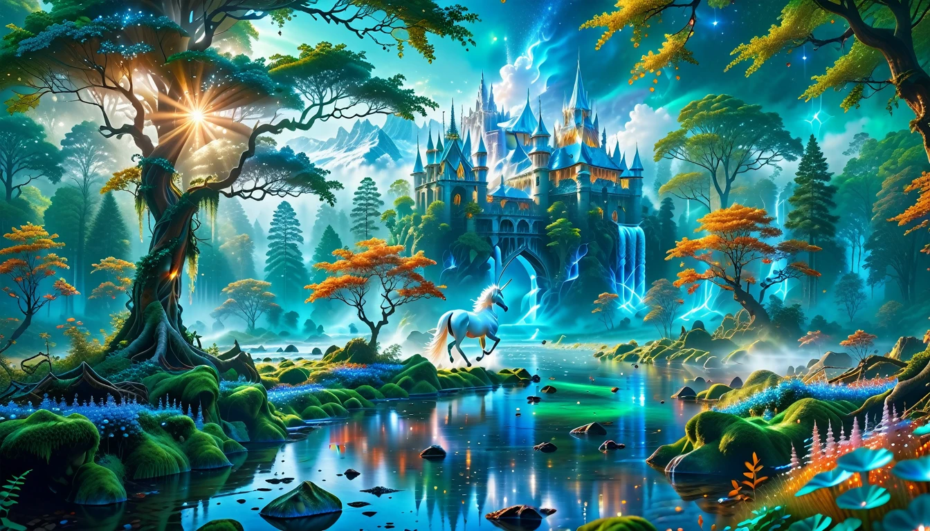 A Masterpiece In 32K Resolution, Supreme Quality, Super Detail, Official Art, Very High-Resolution 32K Wallpaper, Beautiful And Aesthetic, Ultra-Detailed Features, Awe-Inspiring Detail. Massive Trees Tower Over A Misty Enchanted Forest, Their Roots Tangled With Glowing Blue Fungi. Crystal Clear Rivers Flow Through Lush, Emerald Green Fields. A Glittering Elven Palace Stands Amidst The Canopy, Its Towers Reflecting The Sunlight, Creating A Magical Aura. A Majestic Mystical White Unicorn With A Shimmering Coat Gallops Gracefully Through A Dense, Ancient Forest. Its Flowing Mane Glows Softly, Radiating Beams Of Ethereal Light, Casting A Magical Glow On The Surroundings.