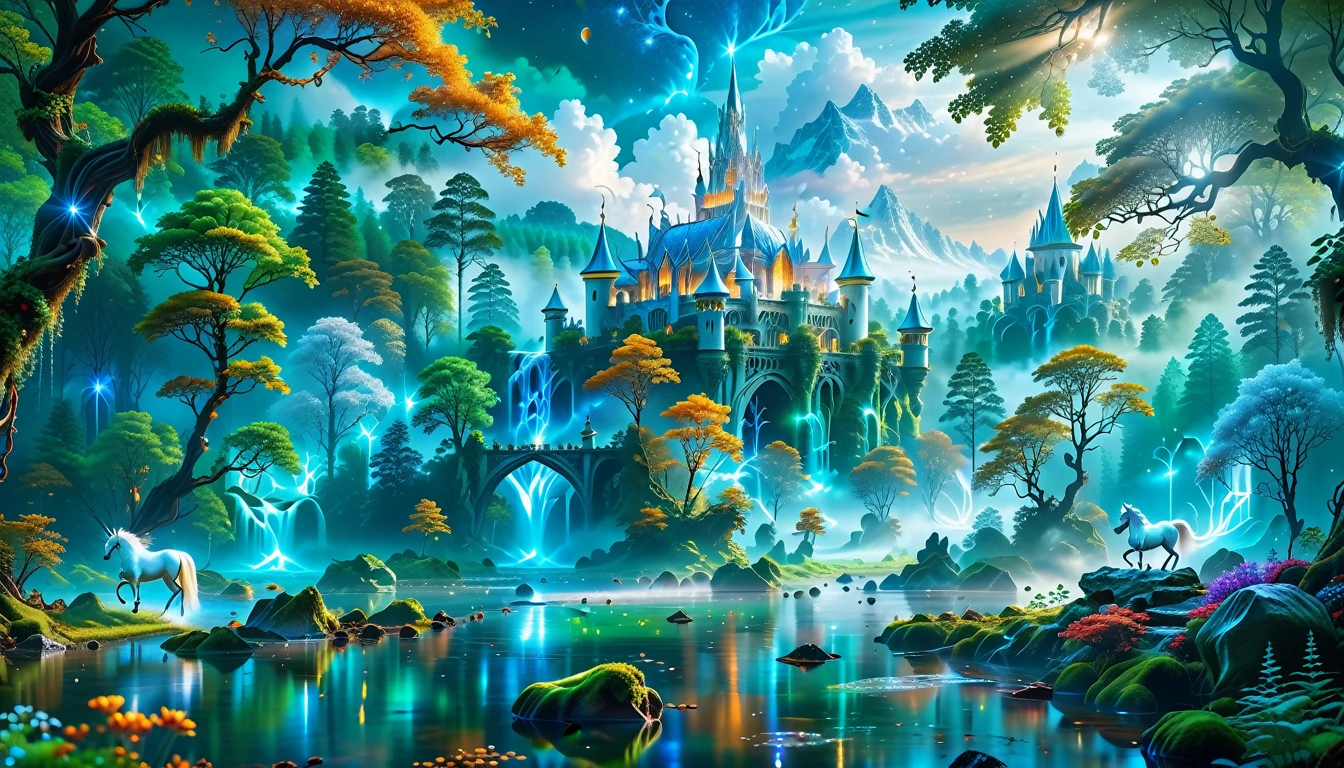 A Masterpiece In 32K Resolution, Supreme Quality, Super Detail, Official Art, Very High-Resolution 32K Wallpaper, Beautiful And Aesthetic, Ultra-Detailed Features, Awe-Inspiring Detail. Massive Trees Tower Over A Misty Enchanted Forest, Their Roots Tangled With Glowing Blue Fungi. Crystal Clear Rivers Flow Through Lush, Emerald Green Fields. A Glittering Elven Palace Stands Amidst The Canopy, Its Towers Reflecting The Sunlight, Creating A Magical Aura. A Majestic Mystical White Unicorn With A Shimmering Coat Gallops Gracefully Through A Dense, Ancient Forest. Its Flowing Mane Glows Softly, Radiating Beams Of Ethereal Light, Casting A Magical Glow On The Surroundings.