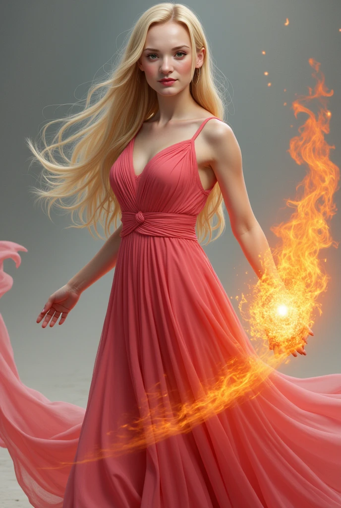 game character a beautiful sorceress with long blond hair wearing watemelon dress casts a fireball in a dynamic pose without background, concentration, cold atmosphere, a bizarre mix of colors