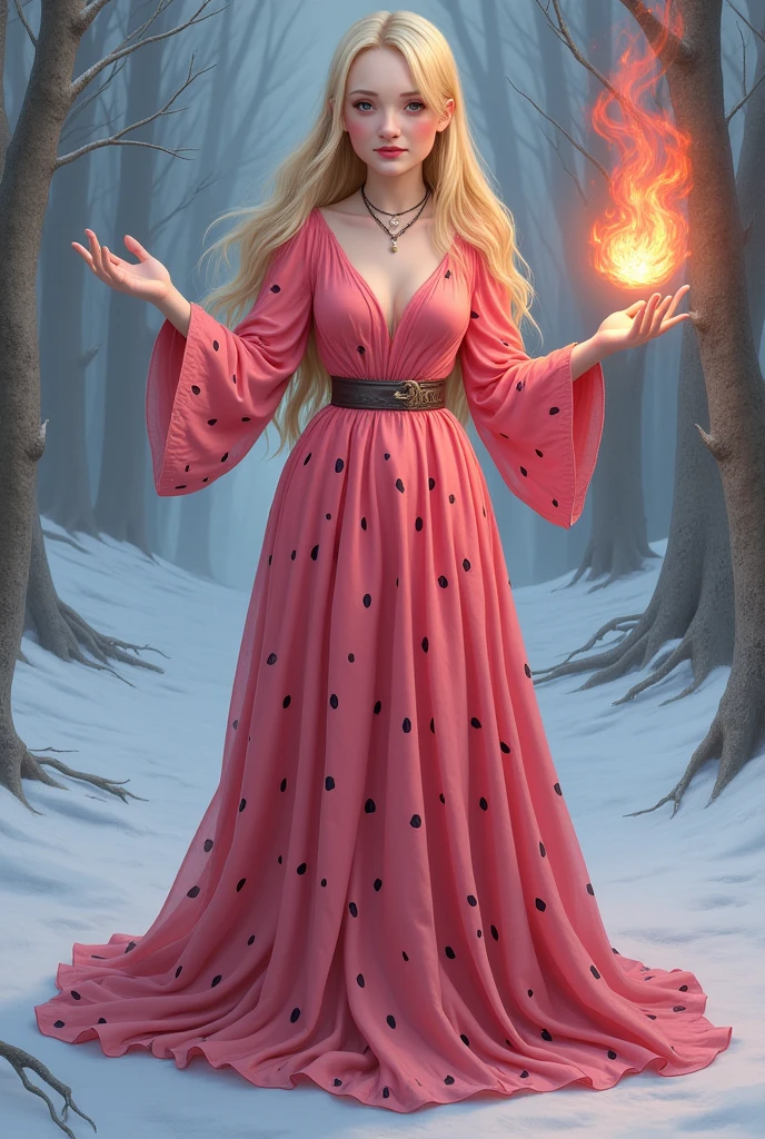 pixel character a beautiful sorceress with long blond hair wearing watemelon dress casts a fireball in a dynamic pose without background, concentration, cold atmosphere, a bizarre mix of colors