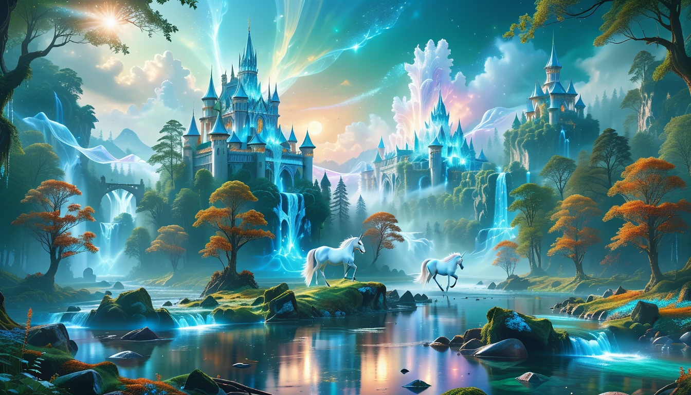 A Masterpiece In 32K Resolution, Supreme Quality, Super Detail, Official Art, Very High-Resolution 32K Wallpaper, Beautiful And Aesthetic, Ultra-Detailed Features, Awe-Inspiring Detail. Massive Trees Tower Over A Misty Enchanted Forest, Their Roots Tangled With Glowing Blue Fungi. Crystal Clear Rivers Flow Through Lush, Emerald Green Fields. A Glittering Elven Palace Stands Amidst The Canopy, Its Towers Reflecting The Sunlight, Creating A Magical Aura. A Majestic Mystical White Unicorn With A Shimmering Coat Gallops Gracefully Through A Dense, Ancient Forest. Its Flowing Mane Glows Softly, Radiating Beams Of Ethereal Light, Casting A Magical Glow On The Surroundings.