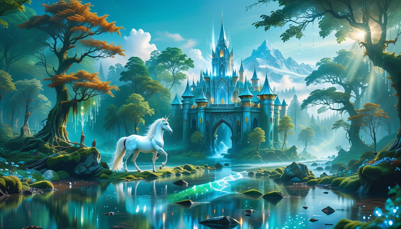 A Masterpiece In 32K Resolution, Supreme Quality, Super Detail, Official Art, Very High-Resolution 32K Wallpaper, Beautiful And Aesthetic, Ultra-Detailed Features, Awe-Inspiring Detail. Massive Trees Tower Over A Misty Enchanted Forest, Their Roots Tangled With Glowing Blue Fungi. Crystal Clear Rivers Flow Through Lush, Emerald Green Fields. A Glittering Elven Palace Stands Amidst The Canopy, Its Towers Reflecting The Sunlight, Creating A Magical Aura. A Majestic Mystical White Unicorn With A Shimmering Coat Gallops Gracefully Through A Dense, Ancient Forest. Its Flowing Mane Glows Softly, Radiating Beams Of Ethereal Light, Casting A Magical Glow On The Surroundings.