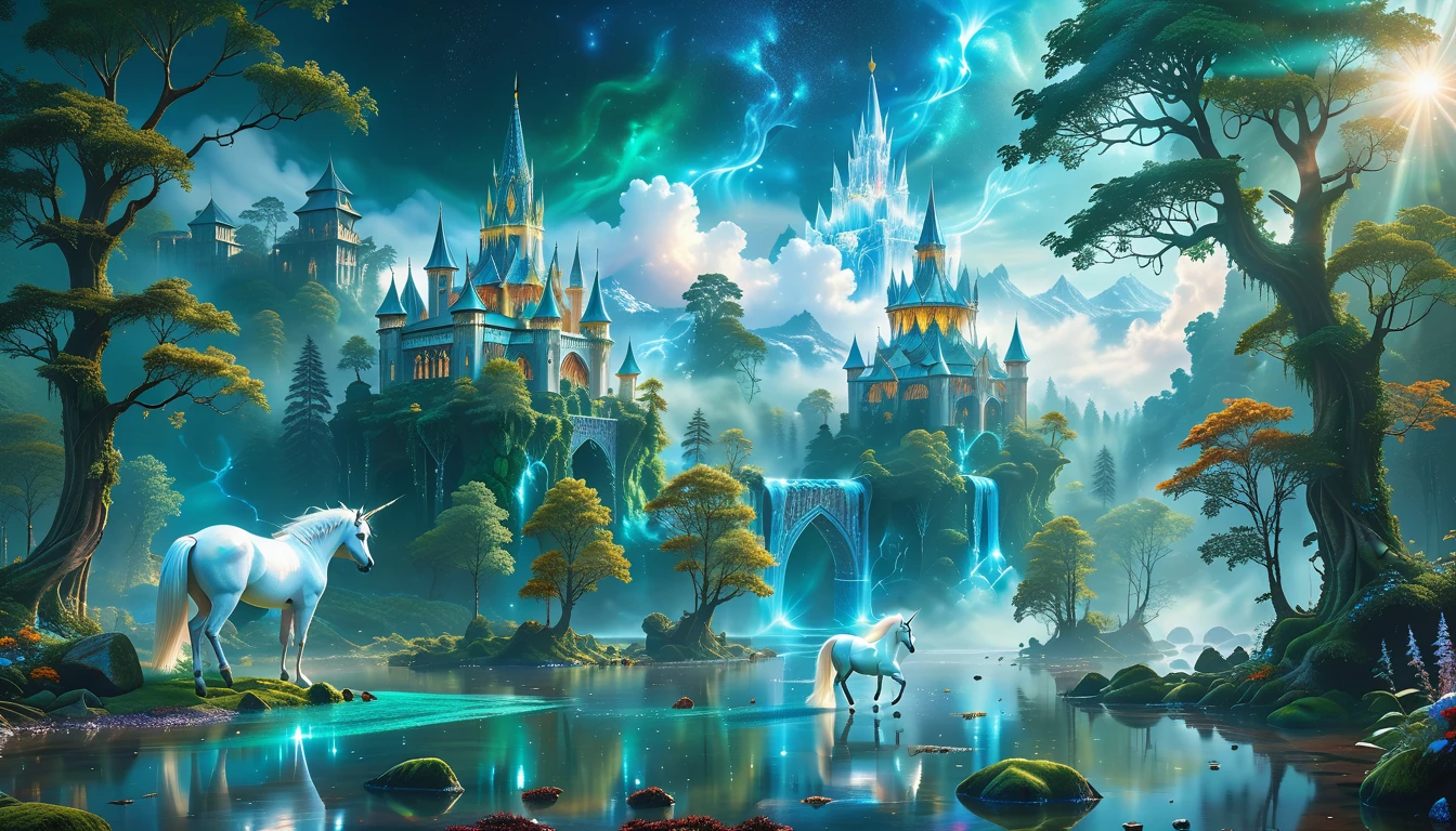 A Masterpiece In 32K Resolution, Supreme Quality, Super Detail, Official Art, Very High-Resolution 32K Wallpaper, Beautiful And Aesthetic, Ultra-Detailed Features, Awe-Inspiring Detail. Massive Trees Tower Over A Misty Enchanted Forest, Their Roots Tangled With Glowing Blue Fungi. Crystal Clear Rivers Flow Through Lush, Emerald Green Fields. A Glittering Elven Palace Stands Amidst The Canopy, Its Towers Reflecting The Sunlight, Creating A Magical Aura. A Majestic Mystical White Unicorn With A Shimmering Coat Gallops Gracefully Through A Dense, Ancient Forest. Its Flowing Mane Glows Softly, Radiating Beams Of Ethereal Light, Casting A Magical Glow On The Surroundings.