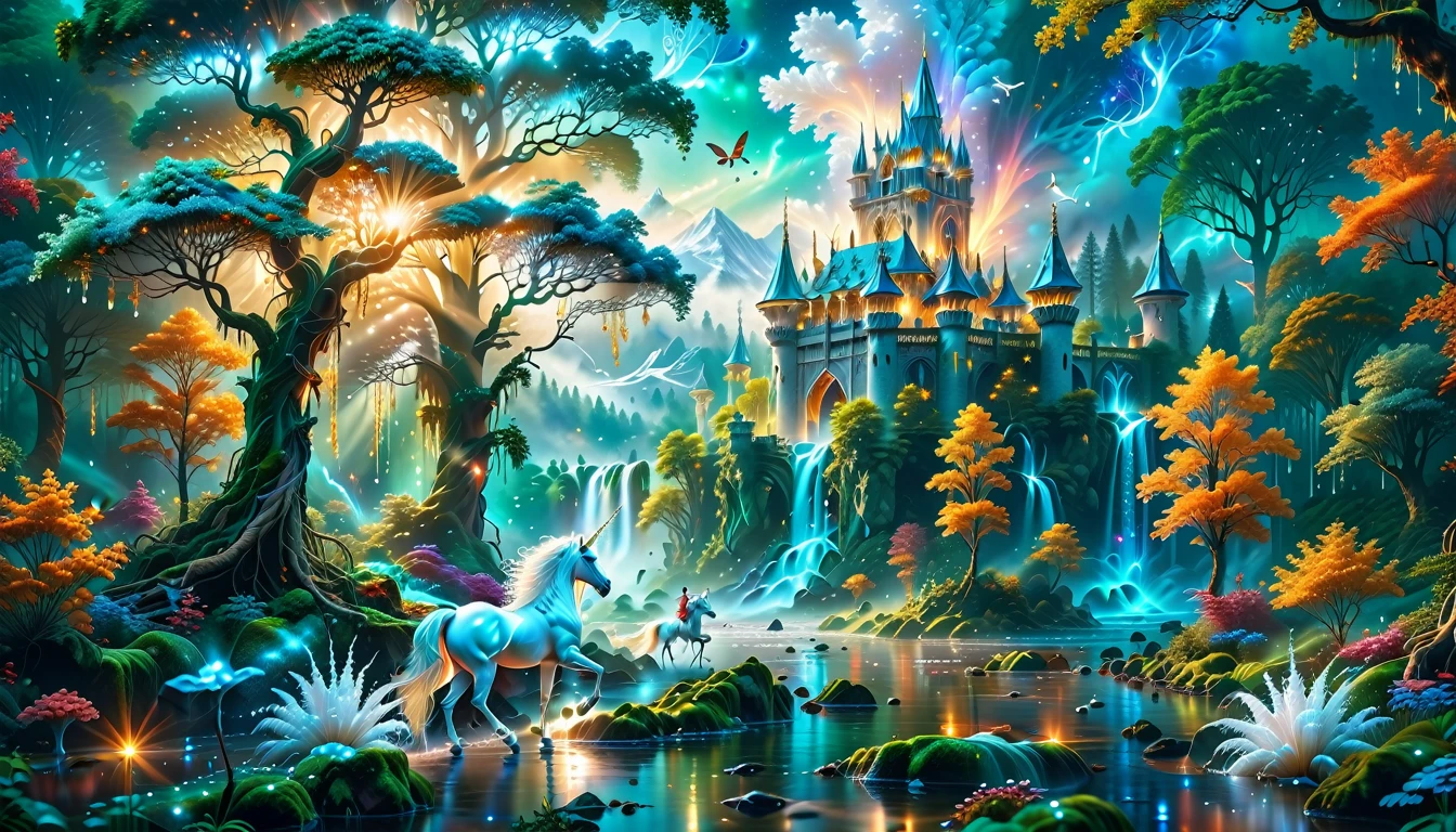 A Masterpiece In 32K Resolution, Supreme Quality, Super Detail, Official Art, Very High-Resolution 32K Wallpaper, Beautiful And Aesthetic, Ultra-Detailed Features, Awe-Inspiring Detail. Massive Trees Tower Over A Misty Enchanted Forest, Their Roots Tangled With Glowing Blue Fungi. Crystal Clear Rivers Flow Through Lush, Emerald Green Fields. A Glittering Elven Palace Stands Amidst The Canopy, Its Towers Reflecting The Sunlight, Creating A Magical Aura. A Majestic Mystical White Unicorn With A Shimmering Coat Gallops Gracefully Through A Dense, Ancient Forest. Its Flowing Mane Glows Softly, Radiating Beams Of Ethereal Light, Casting A Magical Glow On The Surroundings.