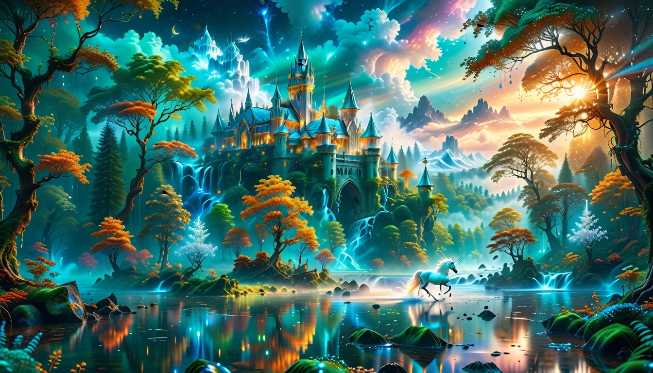 A Masterpiece In 32K Resolution, Supreme Quality, Super Detail, Official Art, Very High-Resolution 32K Wallpaper, Beautiful And Aesthetic, Ultra-Detailed Features, Awe-Inspiring Detail. Massive Trees Tower Over A Misty Enchanted Forest, Their Roots Tangled With Glowing Blue Fungi. Crystal Clear Rivers Flow Through Lush, Emerald Green Fields. A Glittering Elven Palace Stands Amidst The Canopy, Its Towers Reflecting The Sunlight, Creating A Magical Aura. A Majestic Mystical White Unicorn With A Shimmering Coat Gallops Gracefully Through A Dense, Ancient Forest. Its Flowing Mane Glows Softly, Radiating Beams Of Ethereal Light, Casting A Magical Glow On The Surroundings.