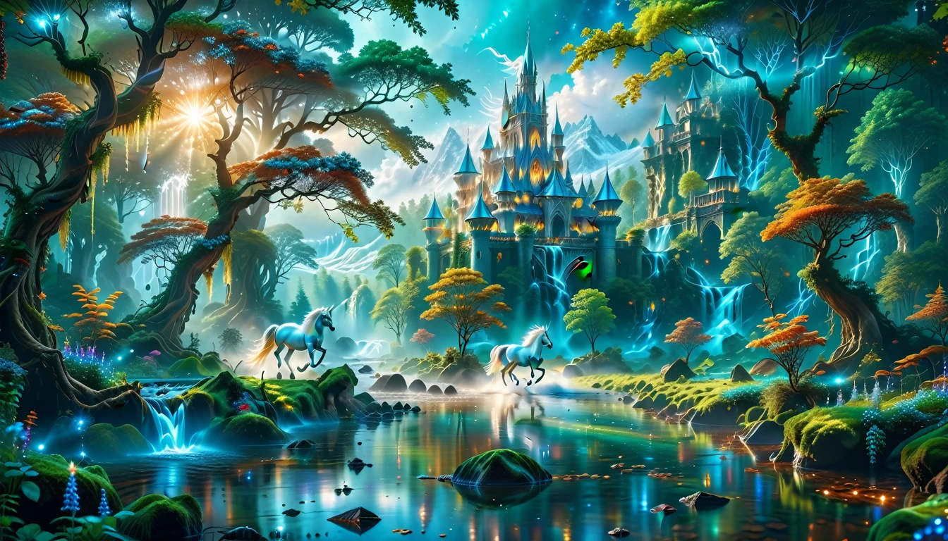 A Masterpiece In 32K Resolution, Supreme Quality, Super Detail, Official Art, Very High-Resolution 32K Wallpaper, Beautiful And Aesthetic, Ultra-Detailed Features, Awe-Inspiring Detail. Massive Trees Tower Over A Misty Enchanted Forest, Their Roots Tangled With Glowing Blue Fungi. Crystal Clear Rivers Flow Through Lush, Emerald Green Fields. A Glittering Elven Palace Stands Amidst The Canopy, Its Towers Reflecting The Sunlight, Creating A Magical Aura. A Majestic Mystical White Unicorn With A Shimmering Coat Gallops Gracefully Through A Dense, Ancient Forest. Its Flowing Mane Glows Softly, Radiating Beams Of Ethereal Light, Casting A Magical Glow On The Surroundings.