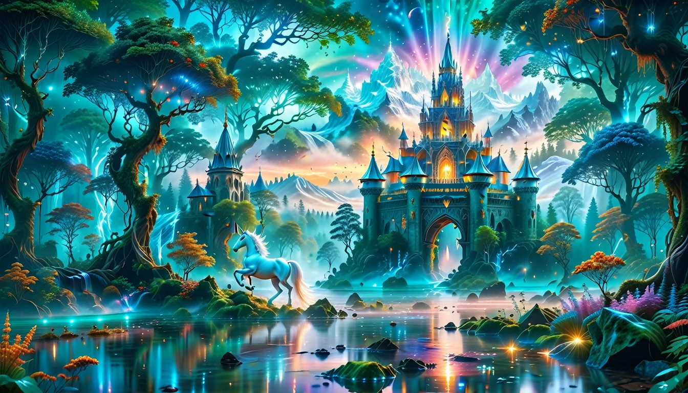 A Masterpiece In 32K Resolution, Supreme Quality, Super Detail, Official Art, Very High-Resolution 32K Wallpaper, Beautiful And Aesthetic, Ultra-Detailed Features, Awe-Inspiring Detail. Massive Trees Tower Over A Misty Enchanted Forest, Their Roots Tangled With Glowing Blue Fungi. Crystal Clear Rivers Flow Through Lush, Emerald Green Fields. A Glittering Elven Palace Stands Amidst The Canopy, Its Towers Reflecting The Sunlight, Creating A Magical Aura. A Majestic Mystical White Unicorn With A Shimmering Coat Gallops Gracefully Through A Dense, Ancient Forest. Its Flowing Mane Glows Softly, Radiating Beams Of Ethereal Light, Casting A Magical Glow On The Surroundings.