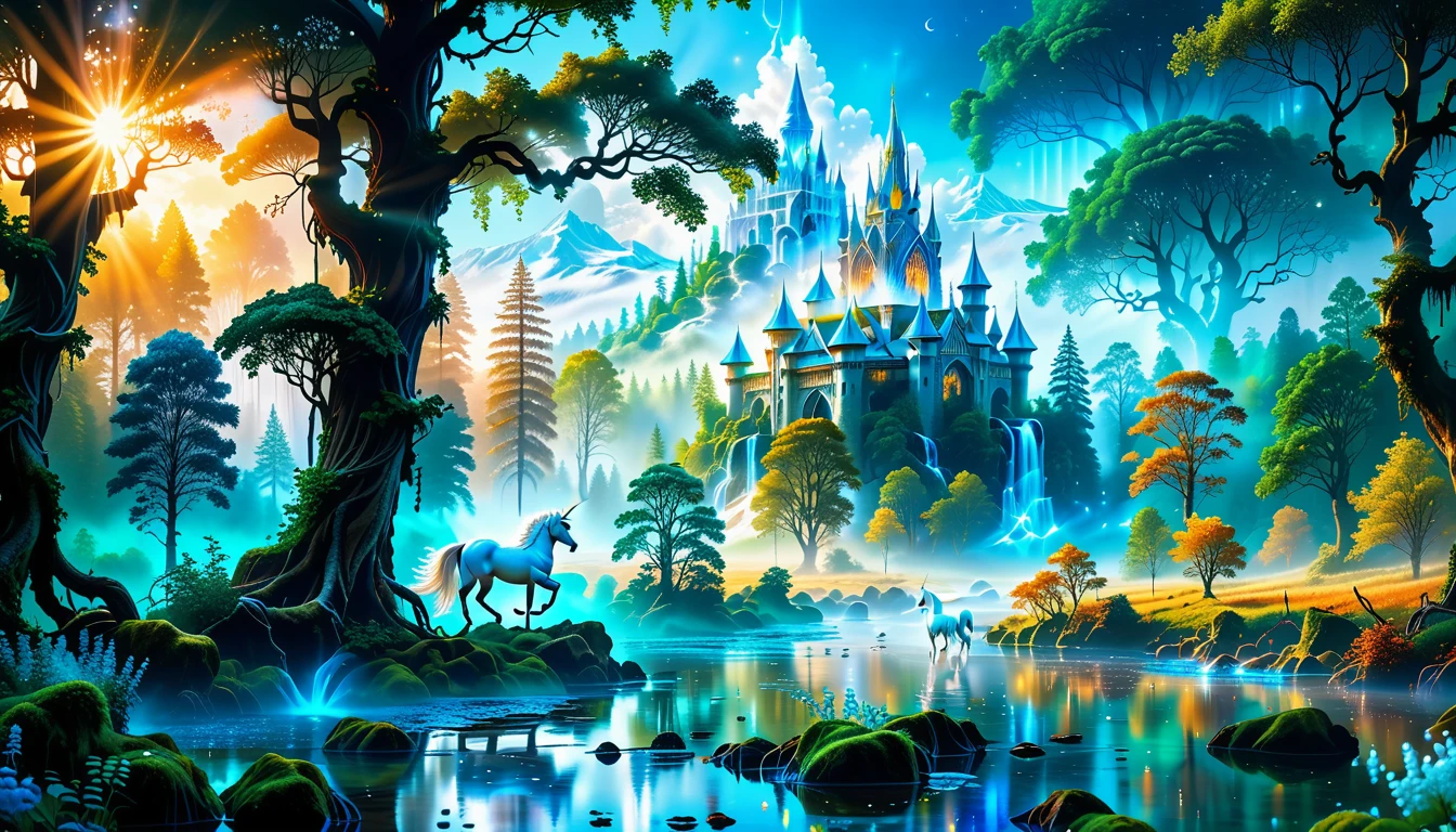 A Masterpiece In 32K Resolution, Supreme Quality, Super Detail, Official Art, Very High-Resolution 32K Wallpaper, Beautiful And Aesthetic, Ultra-Detailed Features, Awe-Inspiring Detail. Massive Trees Tower Over A Misty Enchanted Forest, Their Roots Tangled With Glowing Blue Fungi. Crystal Clear Rivers Flow Through Lush, Emerald Green Fields. A Glittering Elven Palace Stands Amidst The Canopy, Its Towers Reflecting The Sunlight, Creating A Magical Aura. A Majestic Mystical White Unicorn With A Shimmering Coat Gallops Gracefully Through A Dense, Ancient Forest. Its Flowing Mane Glows Softly, Radiating Beams Of Ethereal Light, Casting A Magical Glow On The Surroundings.