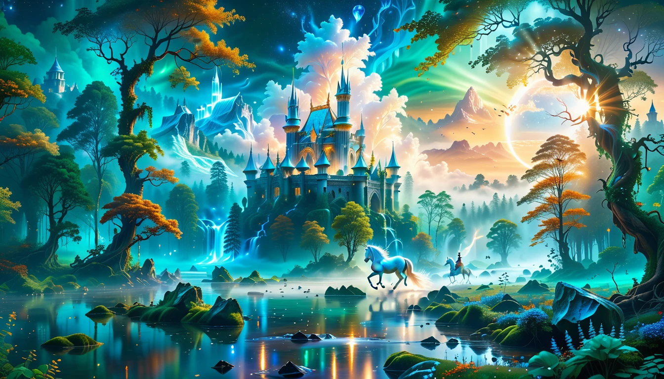 A Masterpiece In 32K Resolution, Supreme Quality, Super Detail, Official Art, Very High-Resolution 32K Wallpaper, Beautiful And Aesthetic, Ultra-Detailed Features, Awe-Inspiring Detail. Massive Trees Tower Over A Misty Enchanted Forest, Their Roots Tangled With Glowing Blue Fungi. Crystal Clear Rivers Flow Through Lush, Emerald Green Fields. A Glittering Elven Palace Stands Amidst The Canopy, Its Towers Reflecting The Sunlight, Creating A Magical Aura. A Majestic Mystical White Unicorn With A Shimmering Coat Gallops Gracefully Through A Dense, Ancient Forest. Its Flowing Mane Glows Softly, Radiating Beams Of Ethereal Light, Casting A Magical Glow On The Surroundings.