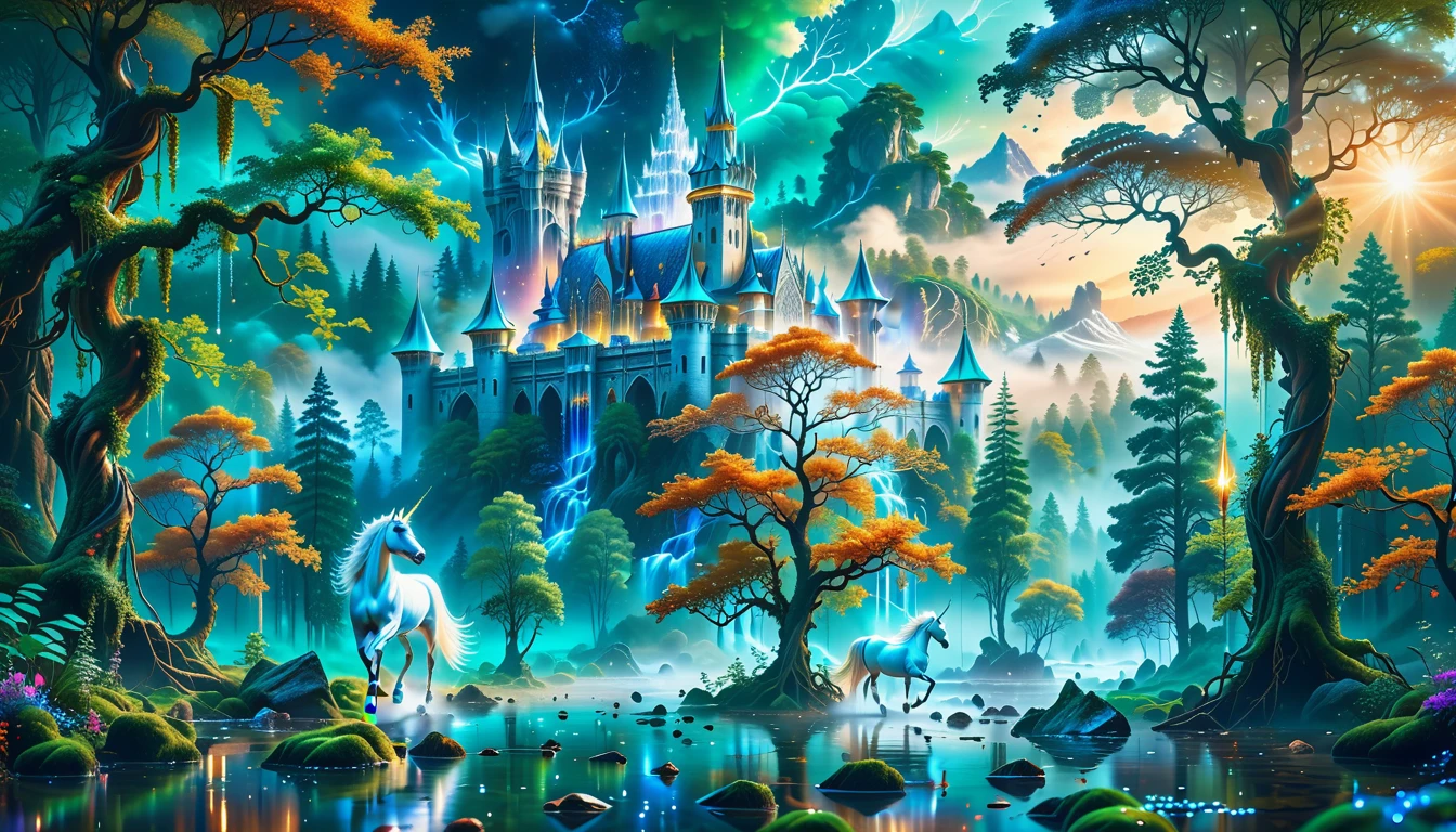 A Masterpiece In 32K Resolution, Supreme Quality, Super Detail, Official Art, Very High-Resolution 32K Wallpaper, Beautiful And Aesthetic, Ultra-Detailed Features, Awe-Inspiring Detail. Massive Trees Tower Over A Misty Enchanted Forest, Their Roots Tangled With Glowing Blue Fungi. Crystal Clear Rivers Flow Through Lush, Emerald Green Fields. A Glittering Elven Palace Stands Amidst The Canopy, Its Towers Reflecting The Sunlight, Creating A Magical Aura. A Majestic Mystical White Unicorn With A Shimmering Coat Gallops Gracefully Through A Dense, Ancient Forest. Its Flowing Mane Glows Softly, Radiating Beams Of Ethereal Light, Casting A Magical Glow On The Surroundings.