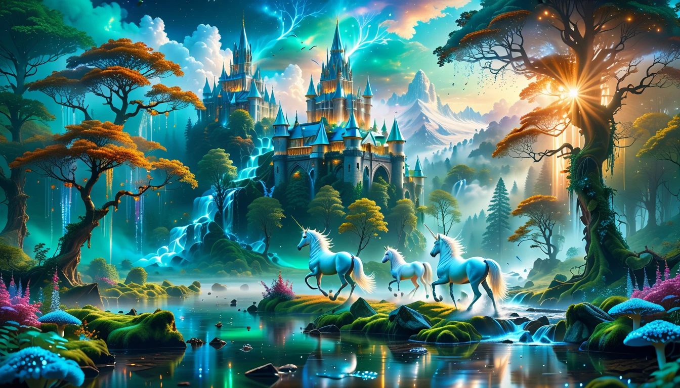 A Masterpiece In 32K Resolution, Supreme Quality, Super Detail, Official Art, Very High-Resolution 32K Wallpaper, Beautiful And Aesthetic, Ultra-Detailed Features, Awe-Inspiring Detail. Massive Trees Tower Over A Misty Enchanted Forest, Their Roots Tangled With Glowing Blue Fungi. Crystal Clear Rivers Flow Through Lush, Emerald Green Fields. A Glittering Elven Palace Stands Amidst The Canopy, Its Towers Reflecting The Sunlight, Creating A Magical Aura. A Majestic Mystical White Unicorn With A Shimmering Coat Gallops Gracefully Through A Dense, Ancient Forest. Its Flowing Mane Glows Softly, Radiating Beams Of Ethereal Light, Casting A Magical Glow On The Surroundings.