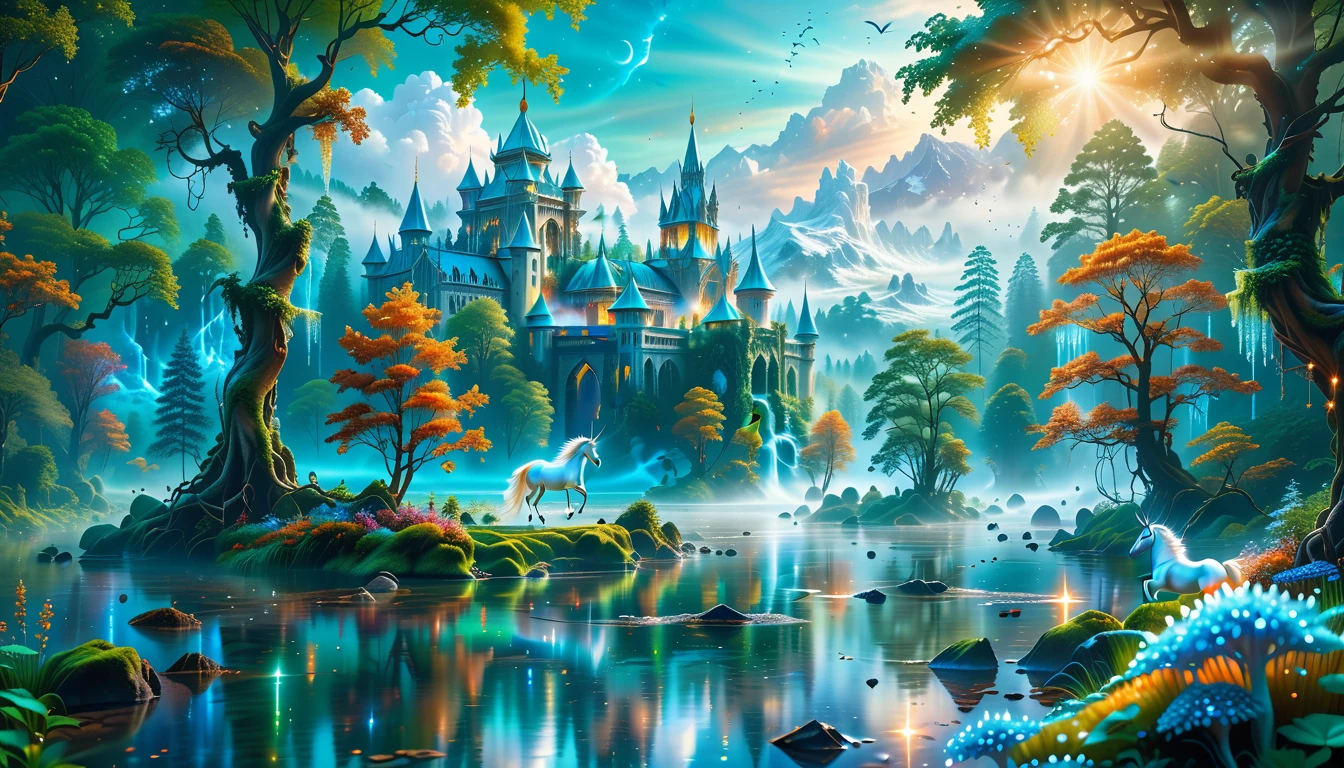 A Masterpiece In 32K Resolution, Supreme Quality, Super Detail, Official Art, Very High-Resolution 32K Wallpaper, Beautiful And Aesthetic, Ultra-Detailed Features, Awe-Inspiring Detail. Massive Trees Tower Over A Misty Enchanted Forest, Their Roots Tangled With Glowing Blue Fungi. Crystal Clear Rivers Flow Through Lush, Emerald Green Fields. A Glittering Elven Palace Stands Amidst The Canopy, Its Towers Reflecting The Sunlight, Creating A Magical Aura. A Majestic Mystical White Unicorn With A Shimmering Coat Gallops Gracefully Through A Dense, Ancient Forest. Its Flowing Mane Glows Softly, Radiating Beams Of Ethereal Light, Casting A Magical Glow On The Surroundings.