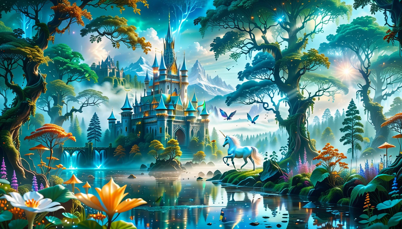 A Masterpiece In 32K Resolution, Supreme Quality, Super Detail, Official Art, Very High-Resolution 32K Wallpaper, Beautiful And Aesthetic, Ultra-Detailed Features, Awe-Inspiring Detail. Massive Trees Tower Over A Misty Enchanted Forest, Their Roots Tangled With Glowing Blue Fungi. Crystal Clear Rivers Flow Through Lush, Emerald Green Fields. A Glittering Elven Palace Stands Amidst The Canopy, Its Towers Reflecting The Sunlight, Creating A Magical Aura. A Majestic Mystical White Unicorn With A Shimmering Coat Gallops Gracefully Through A Dense, Ancient Forest. Its Flowing Mane Glows Softly, Radiating Beams Of Ethereal Light, Casting A Magical Glow On The Surroundings.