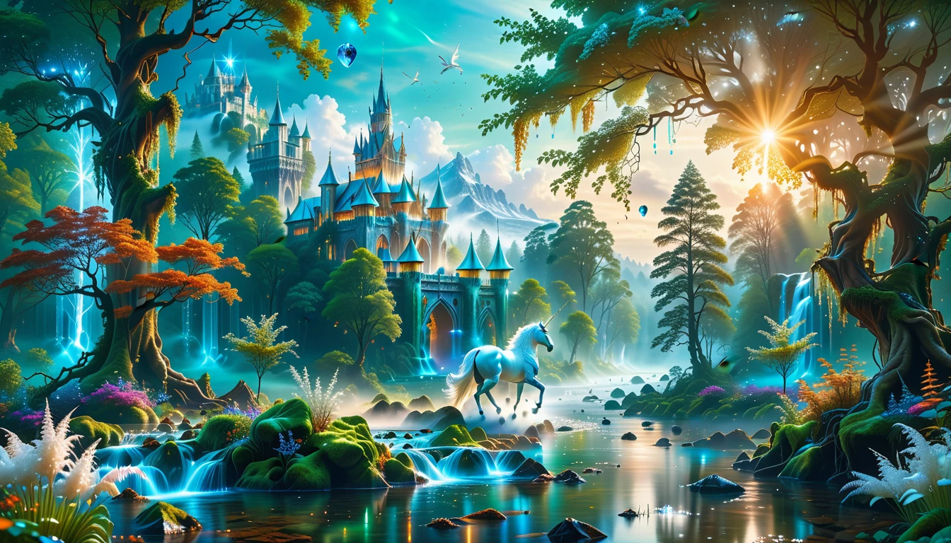 A Masterpiece In 32K Resolution, Supreme Quality, Super Detail, Official Art, Very High-Resolution 32K Wallpaper, Beautiful And Aesthetic, Ultra-Detailed Features, Awe-Inspiring Detail. Massive Trees Tower Over A Misty Enchanted Forest, Their Roots Tangled With Glowing Blue Fungi. Crystal Clear Rivers Flow Through Lush, Emerald Green Fields. A Glittering Elven Palace Stands Amidst The Canopy, Its Towers Reflecting The Sunlight, Creating A Magical Aura. A Majestic Mystical White Unicorn With A Shimmering Coat Gallops Gracefully Through A Dense, Ancient Forest. Its Flowing Mane Glows Softly, Radiating Beams Of Ethereal Light, Casting A Magical Glow On The Surroundings.