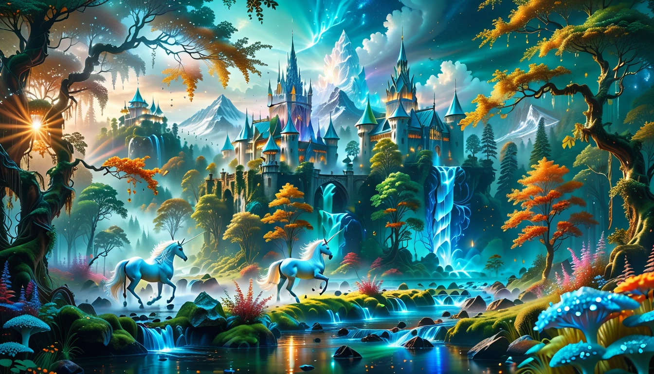 A Masterpiece In 32K Resolution, Supreme Quality, Super Detail, Official Art, Very High-Resolution 32K Wallpaper, Beautiful And Aesthetic, Ultra-Detailed Features, Awe-Inspiring Detail. Massive Trees Tower Over A Misty Enchanted Forest, Their Roots Tangled With Glowing Blue Fungi. Crystal Clear Rivers Flow Through Lush, Emerald Green Fields. A Glittering Elven Palace Stands Amidst The Canopy, Its Towers Reflecting The Sunlight, Creating A Magical Aura. A Majestic Mystical White Unicorn With A Shimmering Coat Gallops Gracefully Through A Dense, Ancient Forest. Its Flowing Mane Glows Softly, Radiating Beams Of Ethereal Light, Casting A Magical Glow On The Surroundings.