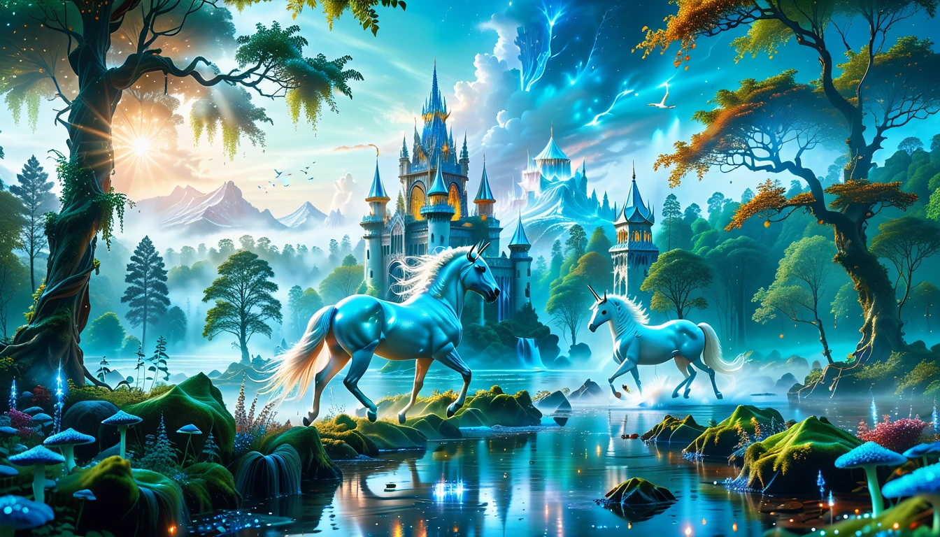 A Masterpiece In 32K Resolution, Supreme Quality, Super Detail, Official Art, Very High-Resolution 32K Wallpaper, Beautiful And Aesthetic, Ultra-Detailed Features, Awe-Inspiring Detail. Massive Trees Tower Over A Misty Enchanted Forest, Their Roots Tangled With Glowing Blue Fungi. Crystal Clear Rivers Flow Through Lush, Emerald Green Fields. A Glittering Elven Palace Stands Amidst The Canopy, Its Towers Reflecting The Sunlight, Creating A Magical Aura. A Majestic Mystical White Unicorn With A Shimmering Coat Gallops Gracefully Through A Dense, Ancient Forest. Its Flowing Mane Glows Softly, Radiating Beams Of Ethereal Light, Casting A Magical Glow On The Surroundings.