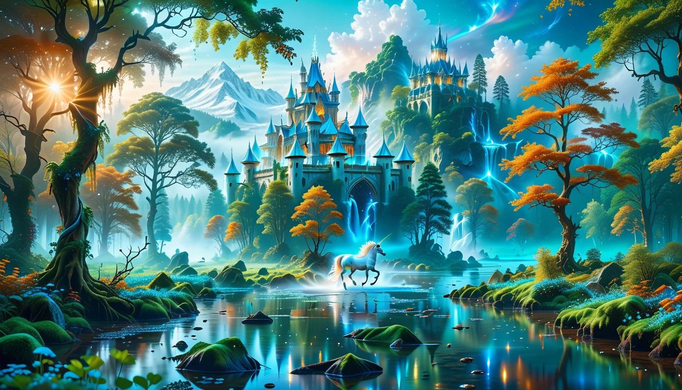 A Masterpiece In 32K Resolution, Supreme Quality, Super Detail, Official Art, Very High-Resolution 32K Wallpaper, Beautiful And Aesthetic, Ultra-Detailed Features, Awe-Inspiring Detail. Massive Trees Tower Over A Misty Enchanted Forest, Their Roots Tangled With Glowing Blue Fungi. Crystal Clear Rivers Flow Through Lush, Emerald Green Fields. A Glittering Elven Palace Stands Amidst The Canopy, Its Towers Reflecting The Sunlight, Creating A Magical Aura. A Majestic Mystical White Unicorn With A Shimmering Coat Gallops Gracefully Through A Dense, Ancient Forest. Its Flowing Mane Glows Softly, Radiating Beams Of Ethereal Light, Casting A Magical Glow On The Surroundings.