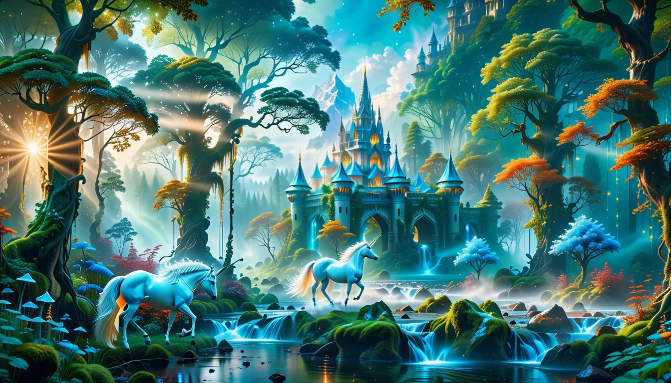 A Masterpiece In 32K Resolution, Supreme Quality, Super Detail, Official Art, Very High-Resolution 32K Wallpaper, Beautiful And Aesthetic, Ultra-Detailed Features, Awe-Inspiring Detail. Massive Trees Tower Over A Misty Enchanted Forest, Their Roots Tangled With Glowing Blue Fungi. Crystal Clear Rivers Flow Through Lush, Emerald Green Fields. A Glittering Elven Palace Stands Amidst The Canopy, Its Towers Reflecting The Sunlight, Creating A Magical Aura. A Majestic Mystical White Unicorn With A Shimmering Coat Gallops Gracefully Through A Dense, Ancient Forest. Its Flowing Mane Glows Softly, Radiating Beams Of Ethereal Light, Casting A Magical Glow On The Surroundings.