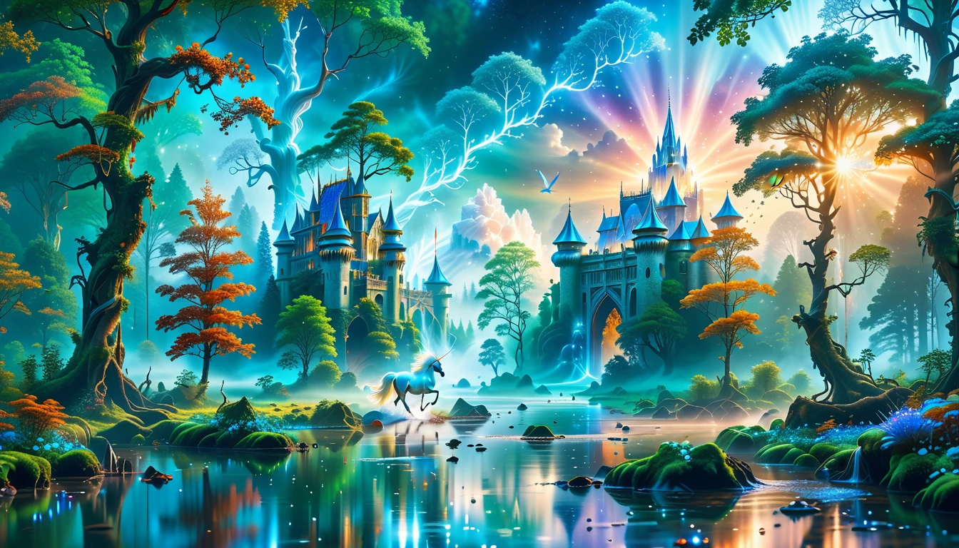 A Masterpiece In 32K Resolution, Supreme Quality, Super Detail, Official Art, Very High-Resolution 32K Wallpaper, Beautiful And Aesthetic, Ultra-Detailed Features, Awe-Inspiring Detail. Massive Trees Tower Over A Misty Enchanted Forest, Their Roots Tangled With Glowing Blue Fungi. Crystal Clear Rivers Flow Through Lush, Emerald Green Fields. A Glittering Elven Palace Stands Amidst The Canopy, Its Towers Reflecting The Sunlight, Creating A Magical Aura. A Majestic Mystical White Unicorn With A Shimmering Coat Gallops Gracefully Through A Dense, Ancient Forest. Its Flowing Mane Glows Softly, Radiating Beams Of Ethereal Light, Casting A Magical Glow On The Surroundings.