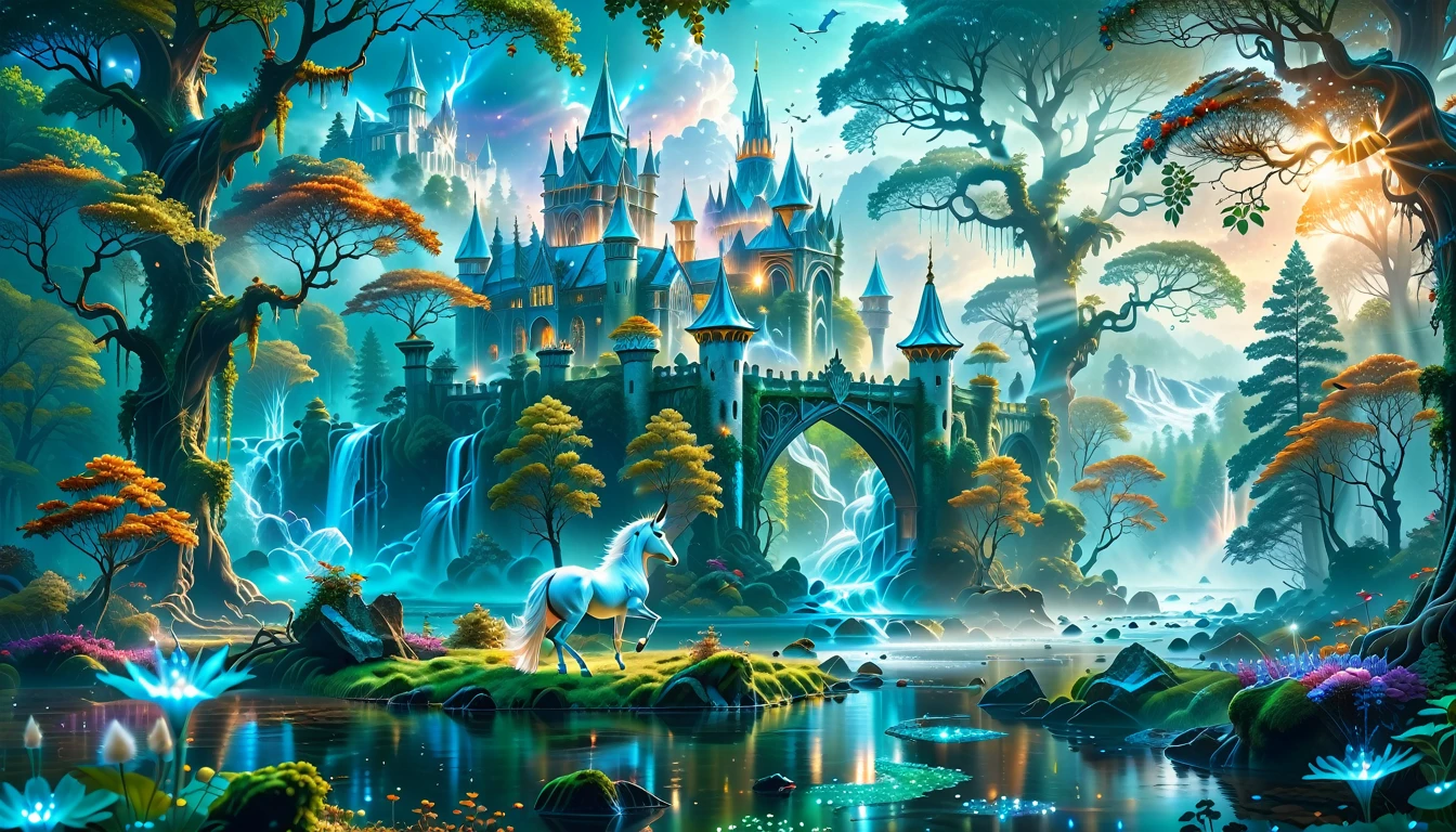 A Masterpiece In 32K Resolution, Supreme Quality, Super Detail, Official Art, Very High-Resolution 32K Wallpaper, Beautiful And Aesthetic, Ultra-Detailed Features, Awe-Inspiring Detail. Massive Trees Tower Over A Misty Enchanted Forest, Their Roots Tangled With Glowing Blue Fungi. Crystal Clear Rivers Flow Through Lush, Emerald Green Fields. A Glittering Elven Palace Stands Amidst The Canopy, Its Towers Reflecting The Sunlight, Creating A Magical Aura. A Majestic Mystical White Unicorn With A Shimmering Coat Gallops Gracefully Through A Dense, Ancient Forest. Its Flowing Mane Glows Softly, Radiating Beams Of Ethereal Light, Casting A Magical Glow On The Surroundings.