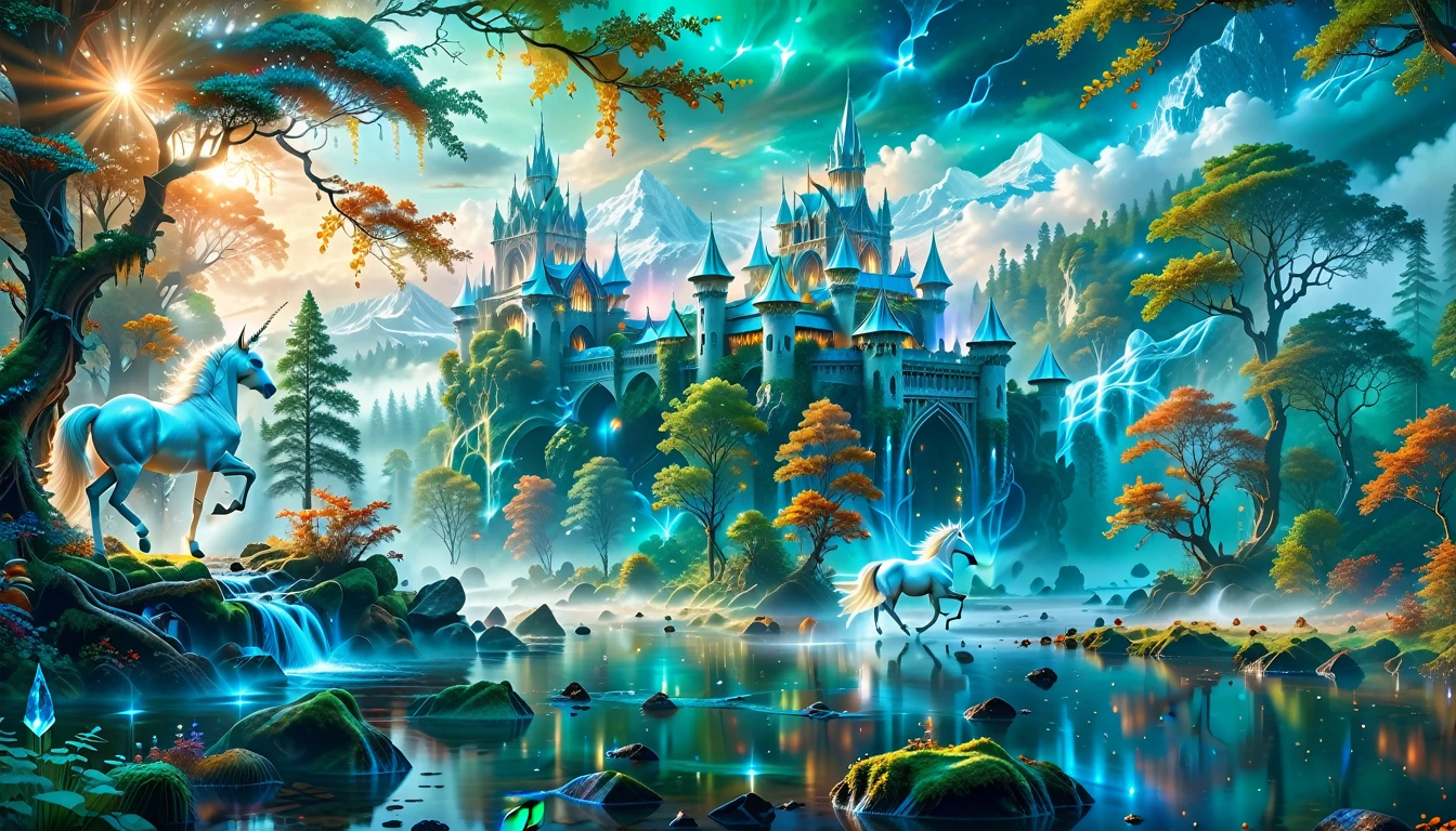 A Masterpiece In 32K Resolution, Supreme Quality, Super Detail, Official Art, Very High-Resolution 32K Wallpaper, Beautiful And Aesthetic, Ultra-Detailed Features, Awe-Inspiring Detail. Massive Trees Tower Over A Misty Enchanted Forest, Their Roots Tangled With Glowing Blue Fungi. Crystal Clear Rivers Flow Through Lush, Emerald Green Fields. A Glittering Elven Palace Stands Amidst The Canopy, Its Towers Reflecting The Sunlight, Creating A Magical Aura. A Majestic Mystical White Unicorn With A Shimmering Coat Gallops Gracefully Through A Dense, Ancient Forest. Its Flowing Mane Glows Softly, Radiating Beams Of Ethereal Light, Casting A Magical Glow On The Surroundings.