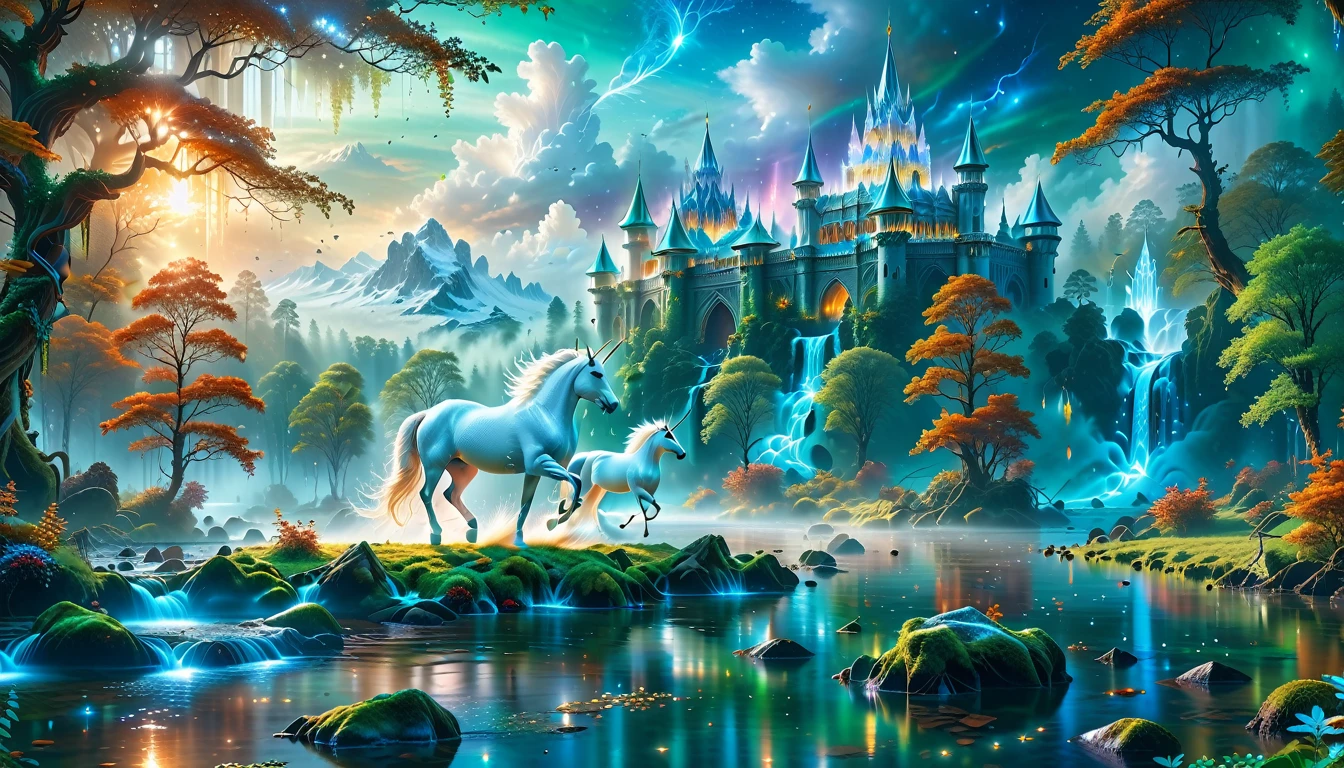 A Masterpiece In 32K Resolution, Supreme Quality, Super Detail, Official Art, Very High-Resolution 32K Wallpaper, Beautiful And Aesthetic, Ultra-Detailed Features, Awe-Inspiring Detail. Massive Trees Tower Over A Misty Enchanted Forest, Their Roots Tangled With Glowing Blue Fungi. Crystal Clear Rivers Flow Through Lush, Emerald Green Fields. A Glittering Elven Palace Stands Amidst The Canopy, Its Towers Reflecting The Sunlight, Creating A Magical Aura. A Majestic Mystical White Unicorn With A Shimmering Coat Gallops Gracefully Through A Dense, Ancient Forest. Its Flowing Mane Glows Softly, Radiating Beams Of Ethereal Light, Casting A Magical Glow On The Surroundings.