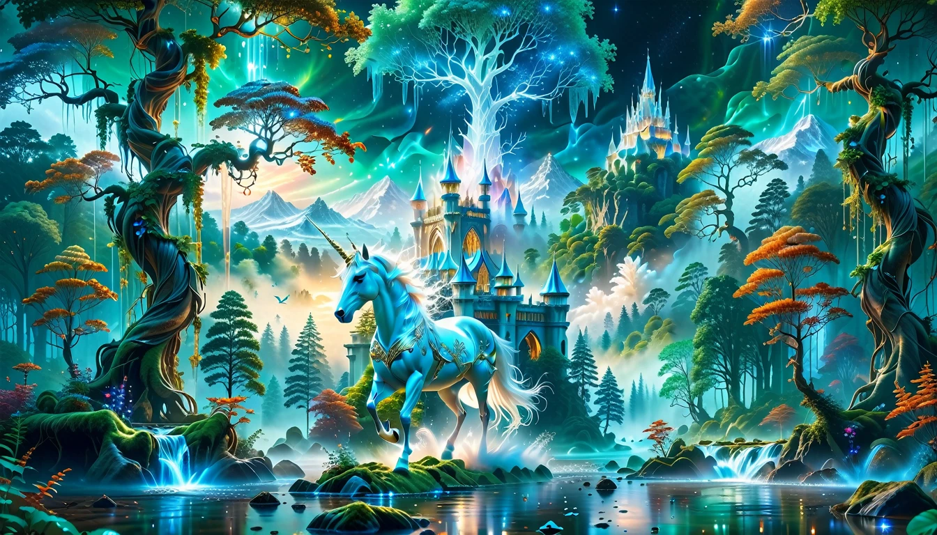 A Masterpiece In 32K Resolution, Supreme Quality, Super Detail, Official Art, Very High-Resolution 32K Wallpaper, Beautiful And Aesthetic, Ultra-Detailed Features, Awe-Inspiring Detail. Massive Trees Tower Over A Misty Enchanted Forest, Their Roots Tangled With Glowing Blue Fungi. Crystal Clear Rivers Flow Through Lush, Emerald Green Fields. A Glittering Elven Palace Stands Amidst The Canopy, Its Towers Reflecting The Sunlight, Creating A Magical Aura. A Majestic Mystical White Unicorn With A Shimmering Coat Gallops Gracefully Through A Dense, Ancient Forest. Its Flowing Mane Glows Softly, Radiating Beams Of Ethereal Light, Casting A Magical Glow On The Surroundings.