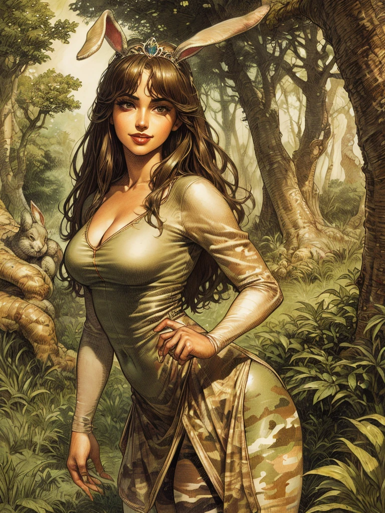 A masterpiece, best quality,  woman wearing a military camouflage micro dress,rabbit ear tiara,druna,false eyelashes ,full lips, looking to observe , a little smile,beige tights,Paul Serpieri Art, Luis Royo Art, milo manara art, Arte de Bernie Wrightson,  SCENARIO florish forest background 