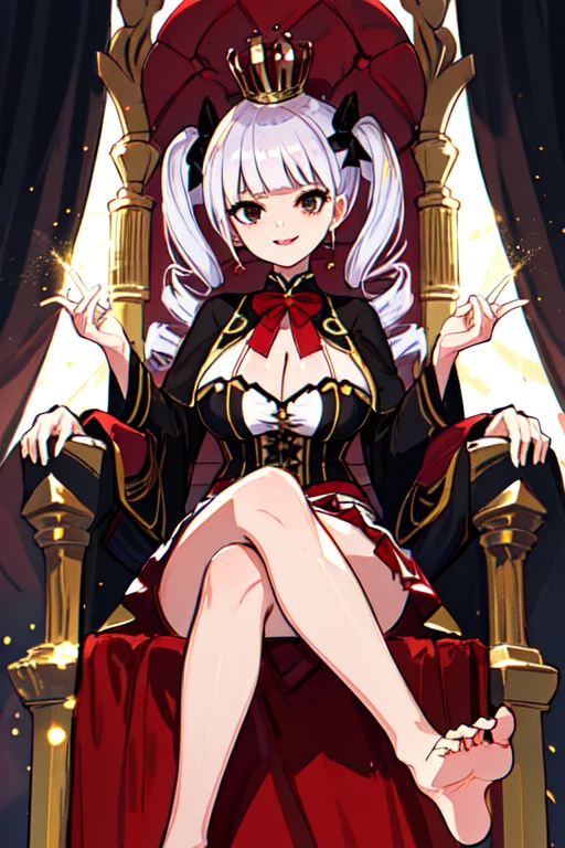 Cheems_platform_v3, smile, sitting on the throne, underneath,  barefoot sex twin drills,   striped thighs, cleavage,  big breasts, crown,  volumetric lighting , particles of light ,  Looking at the spectator , this. Mesmerized white eyes , short red skirt, controlled, smirk, (disc-shaped eyes, black eyes),