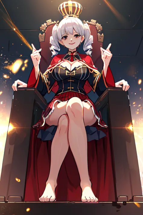 cheems_platform_v3, smile, sitting on the throne, underneath,  barefoot sex twin drills,   striped thighs, cleavage,  big breast...