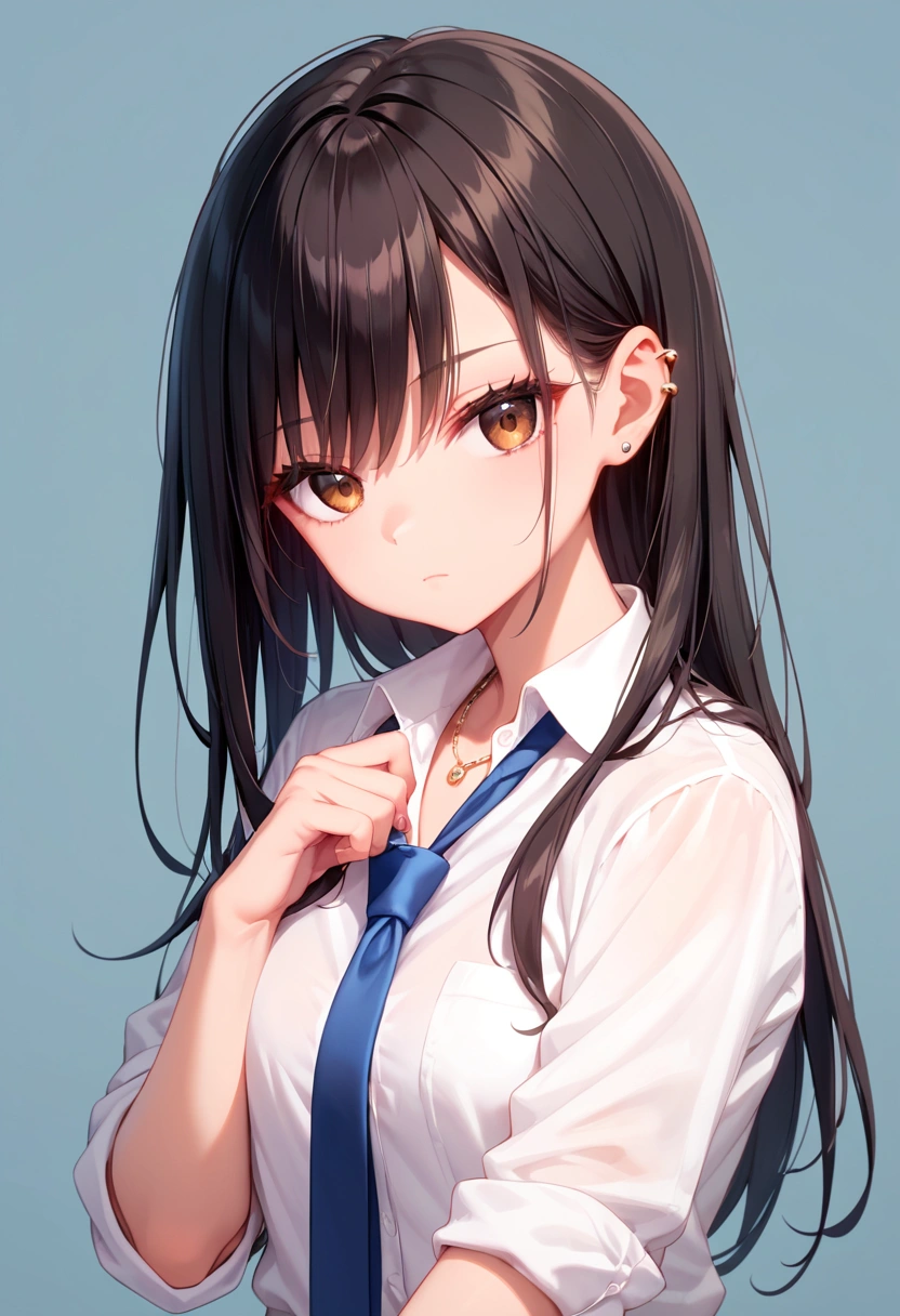 score_9, score_8_up, score_7_up, score_6_up, score_5_up, score_4_up, sorce_anime, 1girl, closed mouth, expressionless, gyaru, black hair, long hair, bangs, brown eyes, single pierced, white shirt, collared shirt, sleeves rolled up, necktie, blue necktie, loose necktie, necklace, looking at viewer, simple background