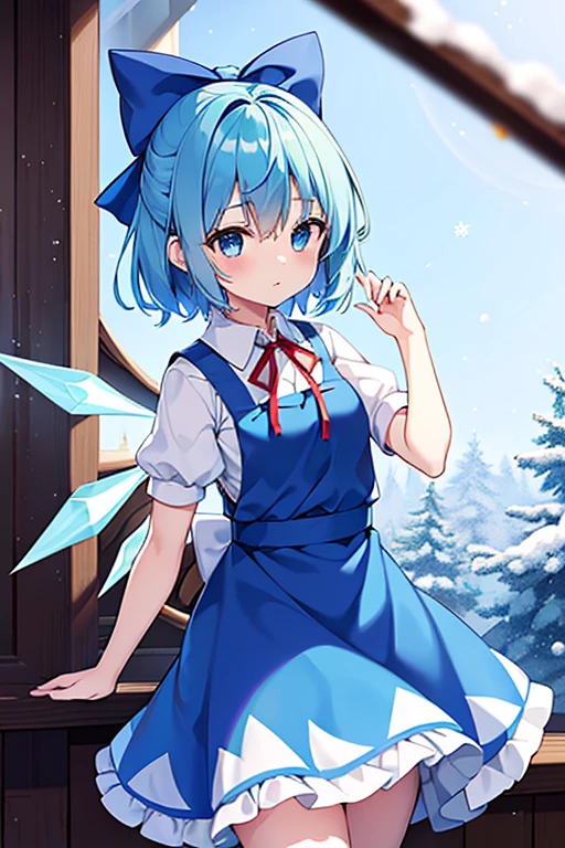 1girl, cirno (touhou), short_hair, blue_hair, ice_wings, fairy_wings, blue_eyes, bangs, white_shirt, collared_shirt, puffy_short_sleeves, blue_dress, pinafore_dress, red_ribbon, neck_ribbon, blue_bow, green_bow, hair_bow, bow, saigyou_ayakashi, bare_tree, christmastech, scifi, supernatural_lights, christmas, cute, girl, snow, snowfall