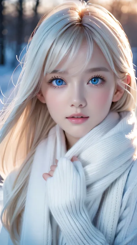 alone, extraordinary beautiful girl with a very beautiful scandinavian baby face 、 shiny and bright platinum blond hair that mak...