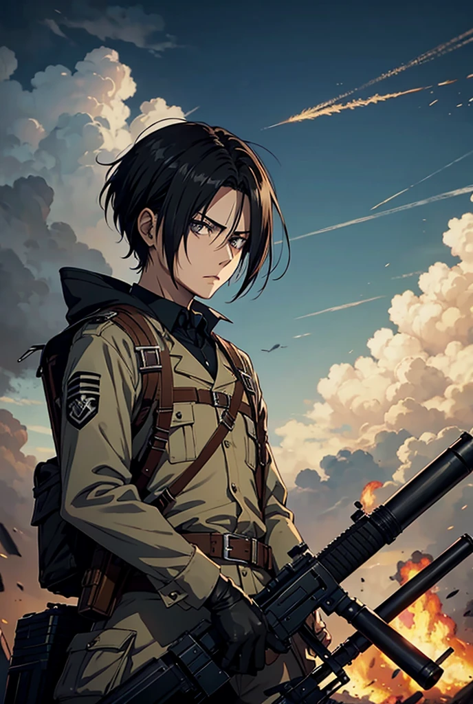 Levi Ackerman man from attack on titan with artillery weapon high caliber rifle High resolution,  short hair, Cabello negro, Serious, 