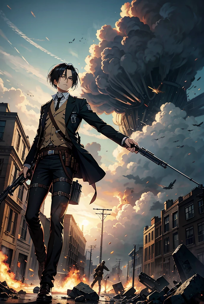 Levi Ackerman man from attack on titan with artillery weapon high caliber rifle High resolution,  short hair, Cabello negro, Serious, 