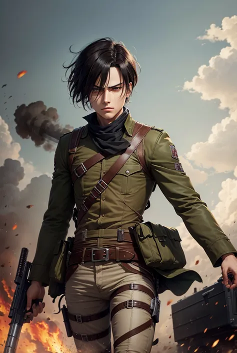 Levi Ackerman man from attack on titan with artillery weapon high caliber rifle High resolution,  short hair, Cabello negro, Serious, 