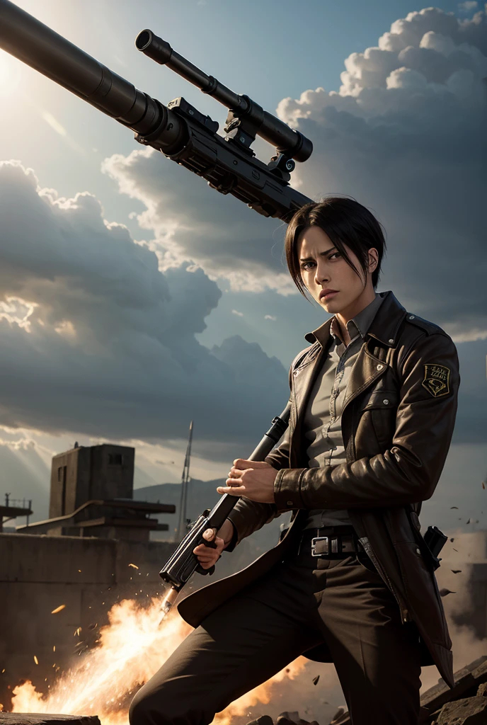 Levi Ackerman man from attack on titan with artillery weapon high caliber rifle High resolution,  short hair, Cabello negro, Serious, 