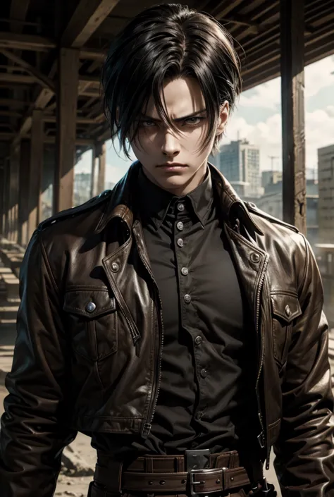 Levi Ackerman man from Attack on Titan High Details,  masterpiece,  short hair, Cabello negro, angry, 